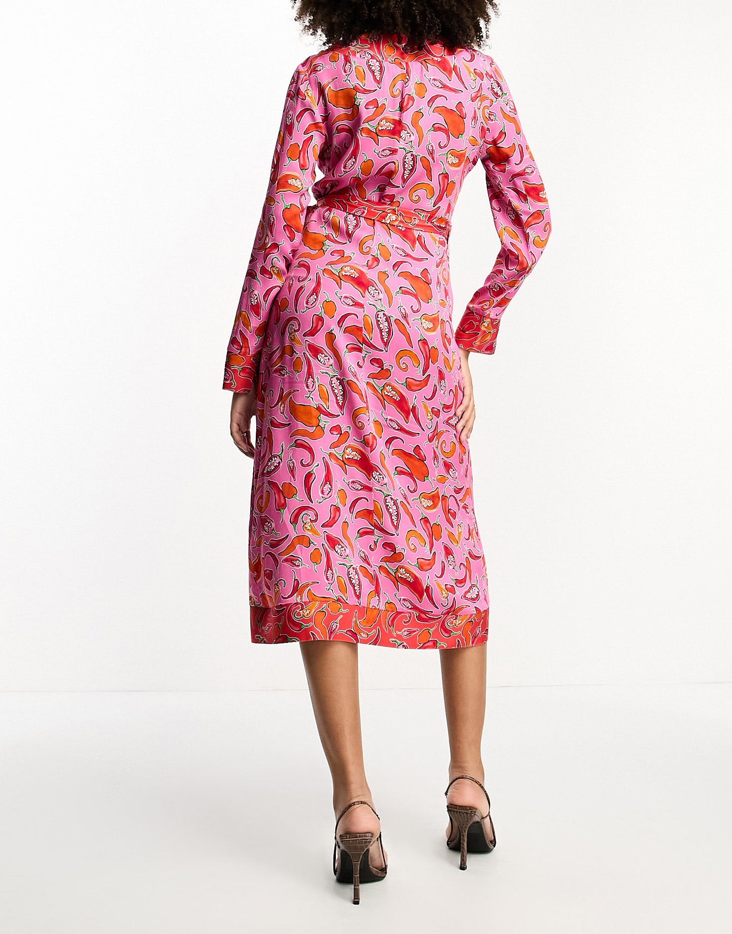 Never Fully Dressed contrast wrap midi dress in pink and red chilli print