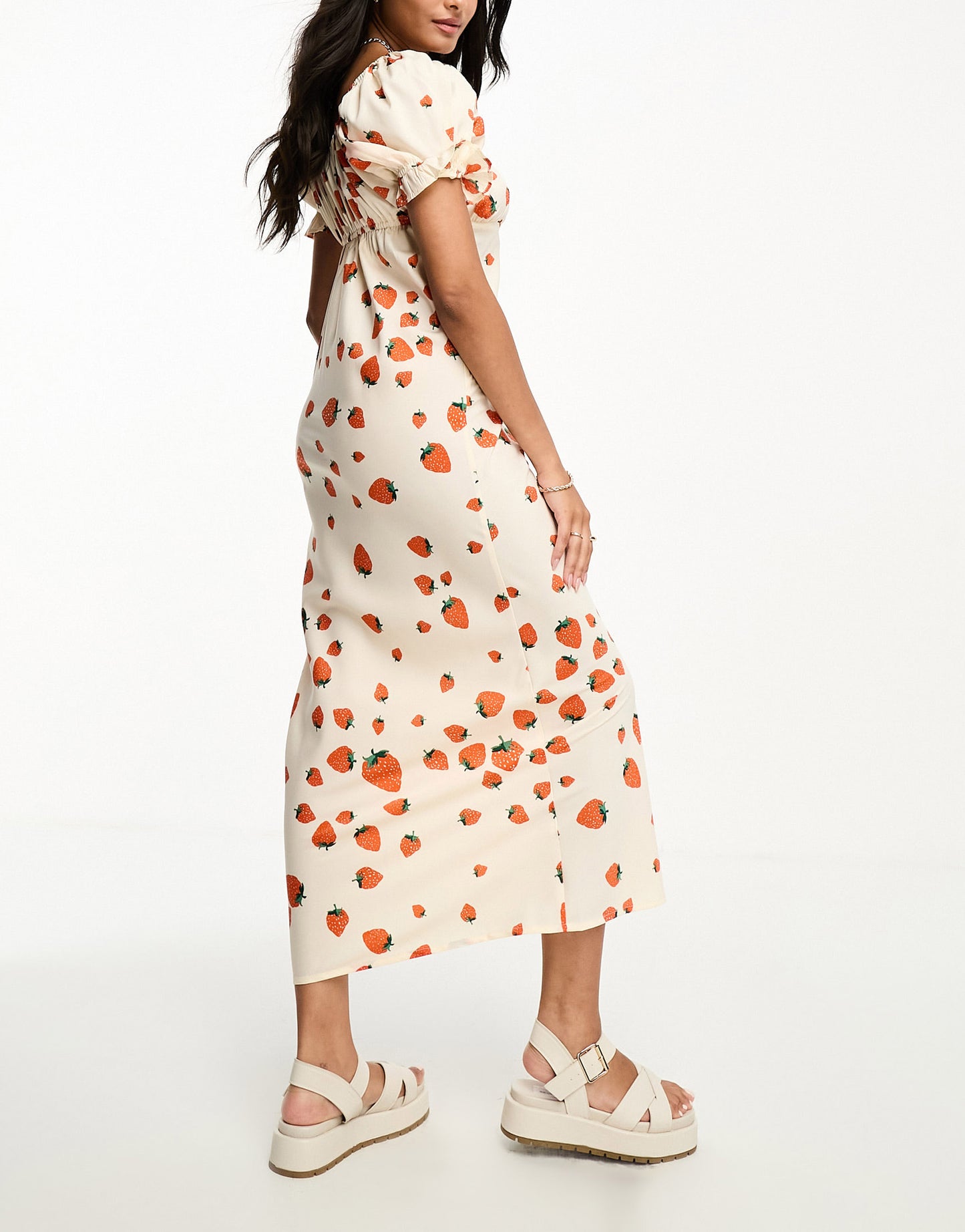Wednesday's Girl strawberry print milkmaid midaxi dress in cream