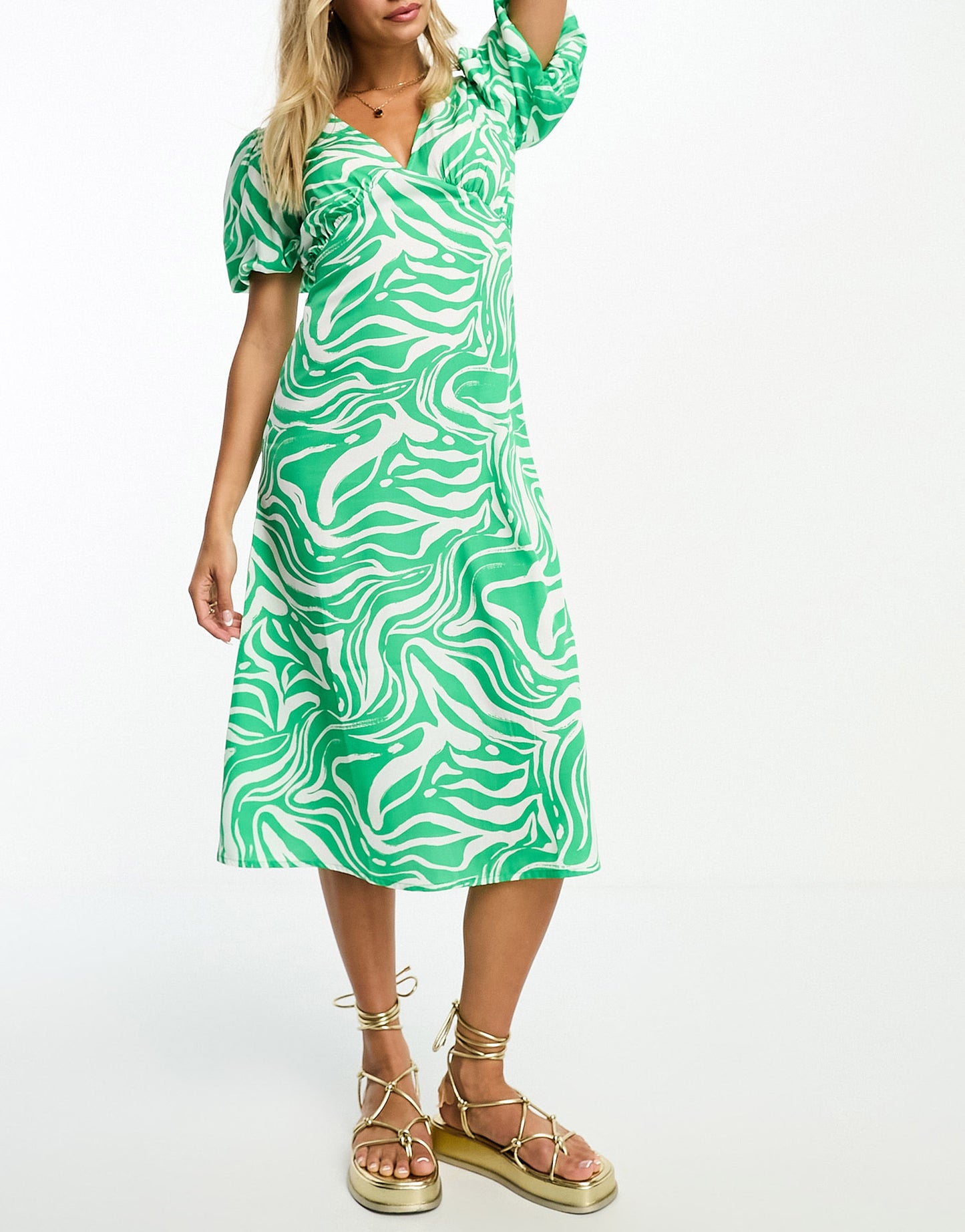 Influence v neck midi dress in green abstract print