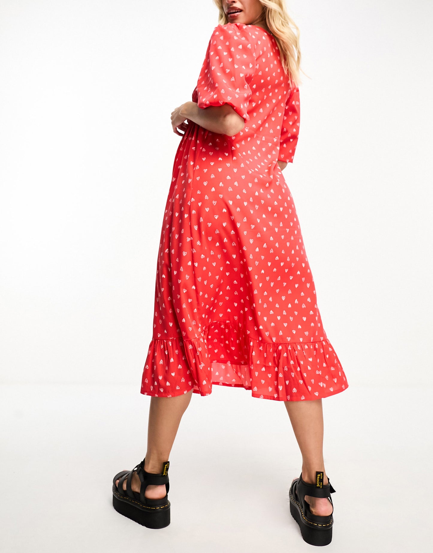 Violet Romance Maternity puff sleeve midi dress in red heart print