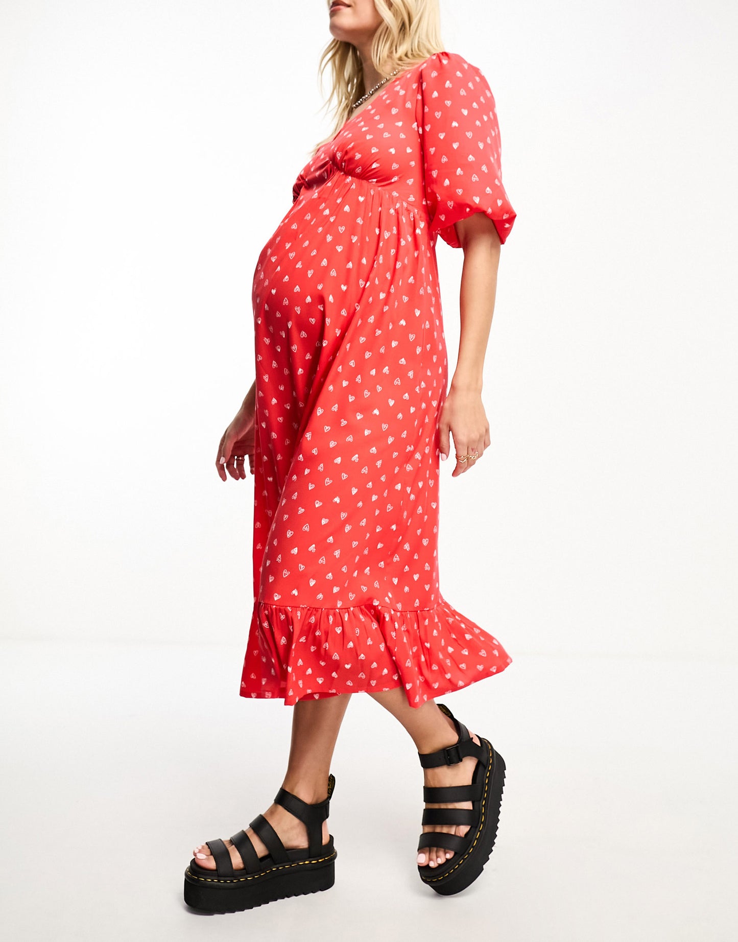 Violet Romance Maternity puff sleeve midi dress in red heart print