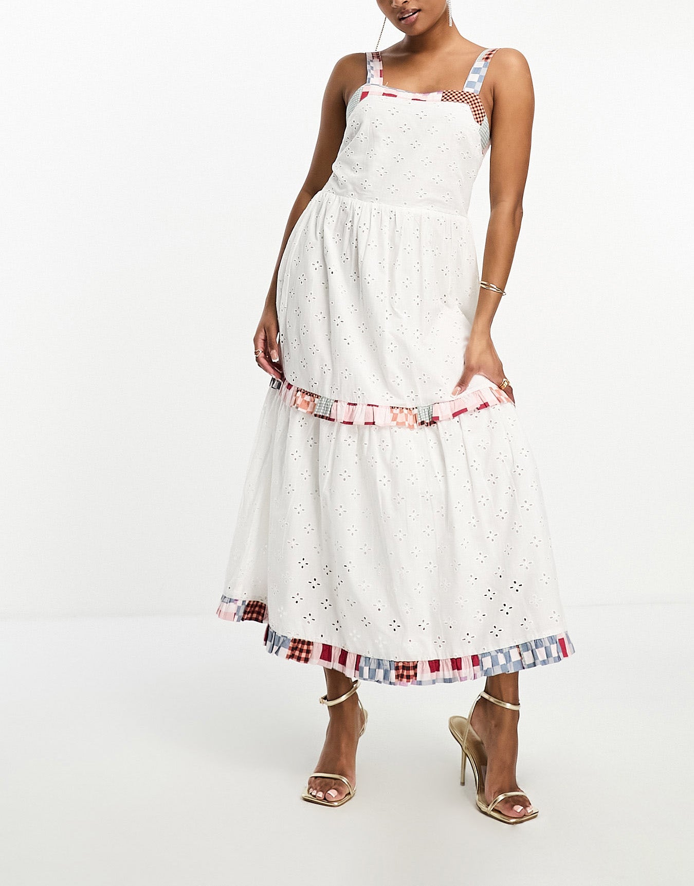 Never Fully Dressed Petite contrast check broderie midaxi dress in ivory