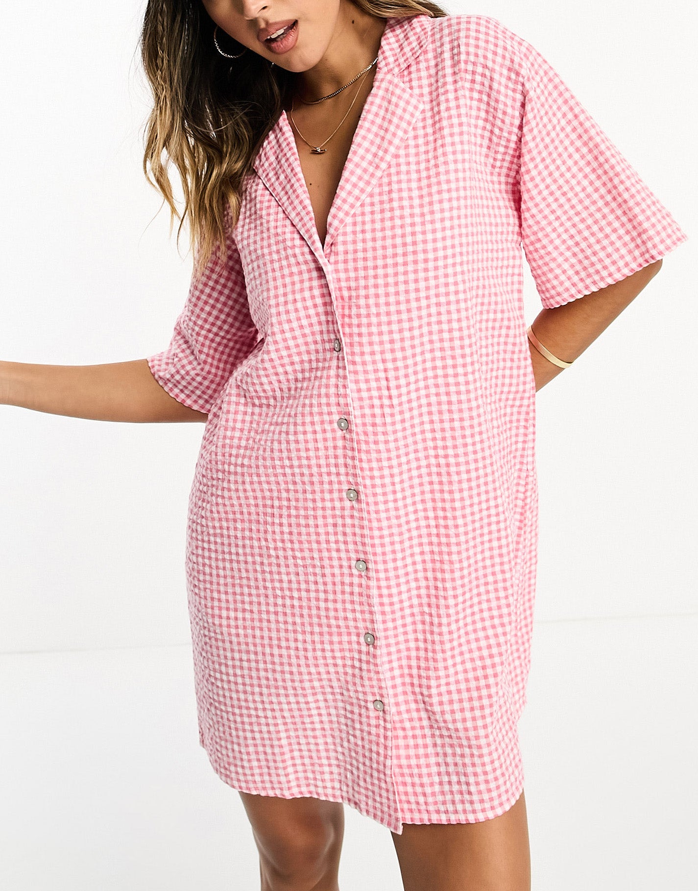 ASOS DESIGN co-ord bowling shirt mini dress in pink gingham seersucker