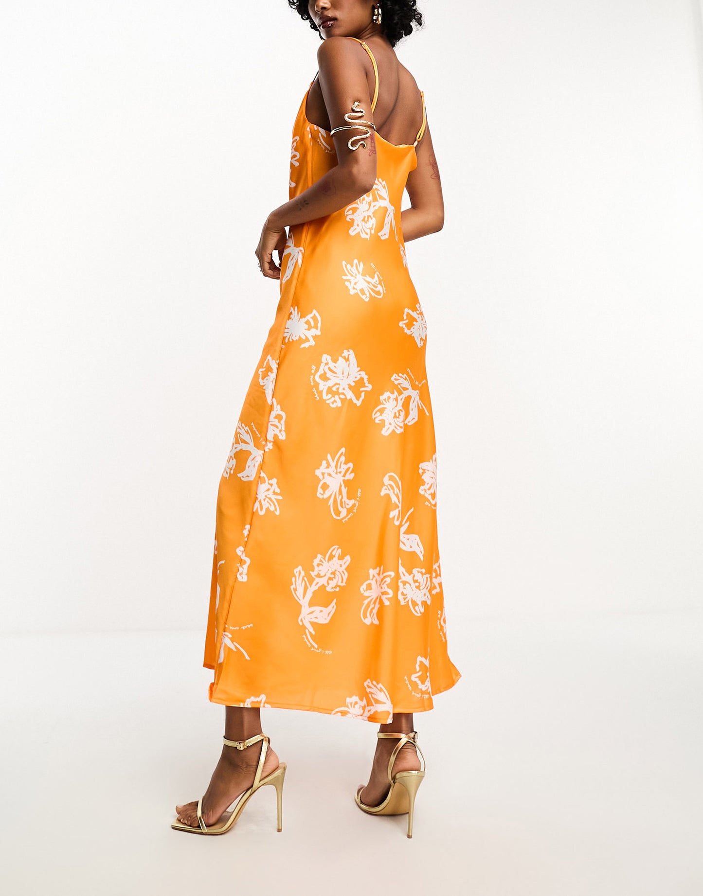 Object satin asymmetric strap cami maxi dress in orange print