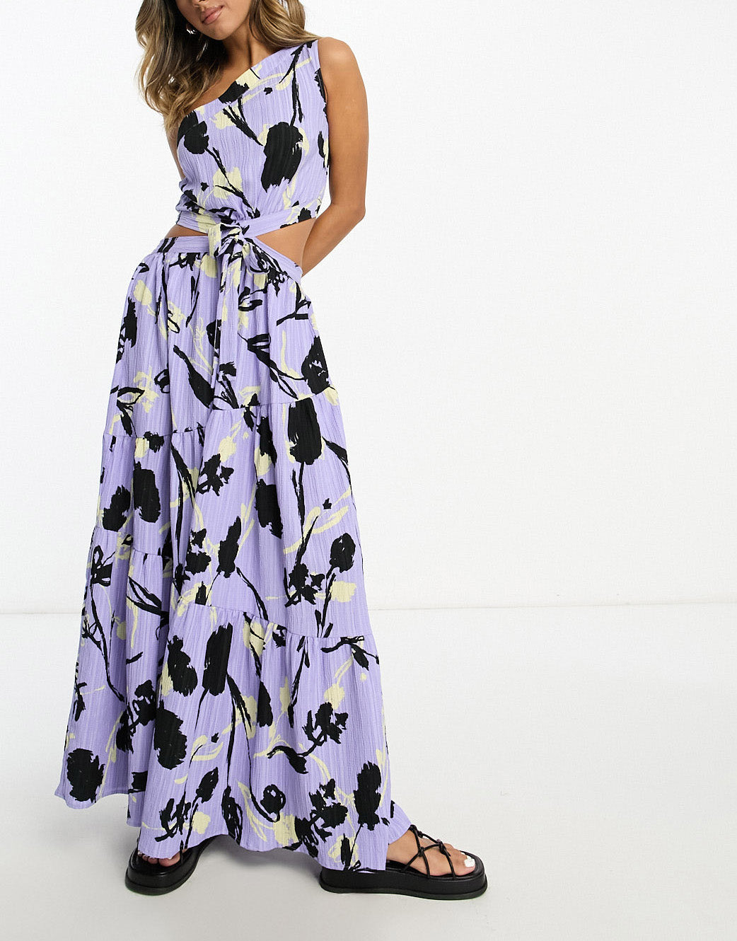 ASOS DESIGN textured crinkle one shoulder maxi dress with cut out detail in purple floral