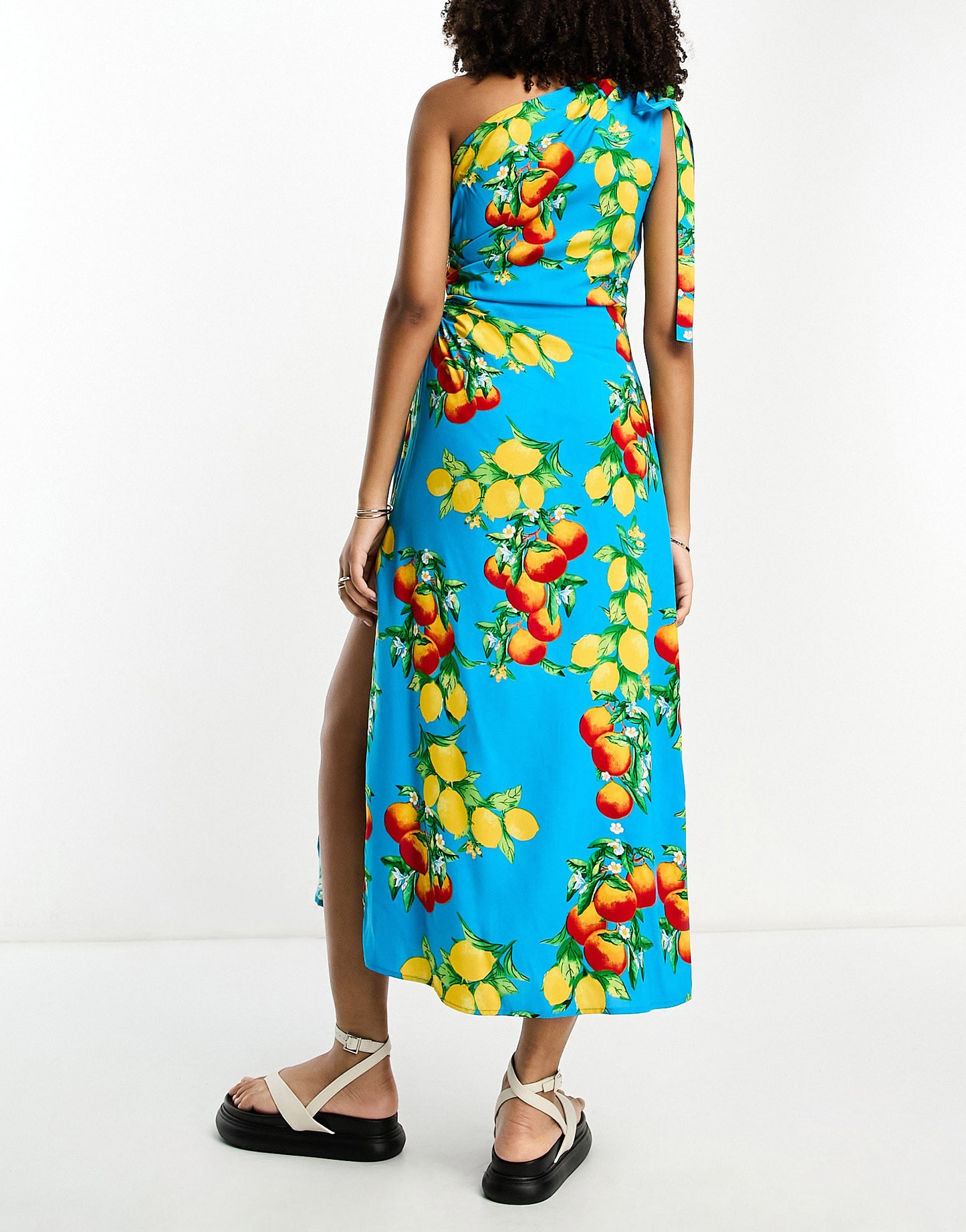 ASOS DESIGN one shoulder cut out midi dress in blue fruit print