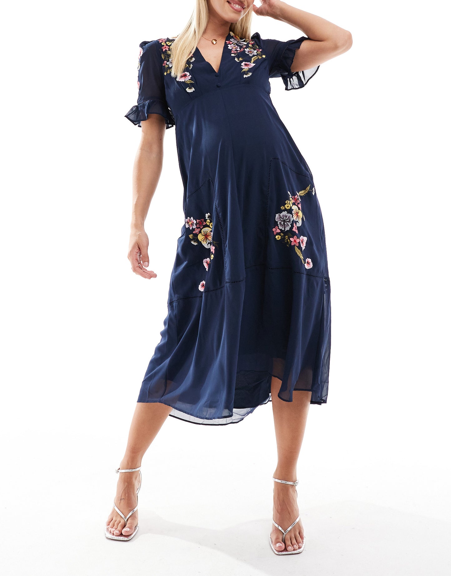 Hope & Ivy Maternity puff sleeve embroidered midi dress in navy