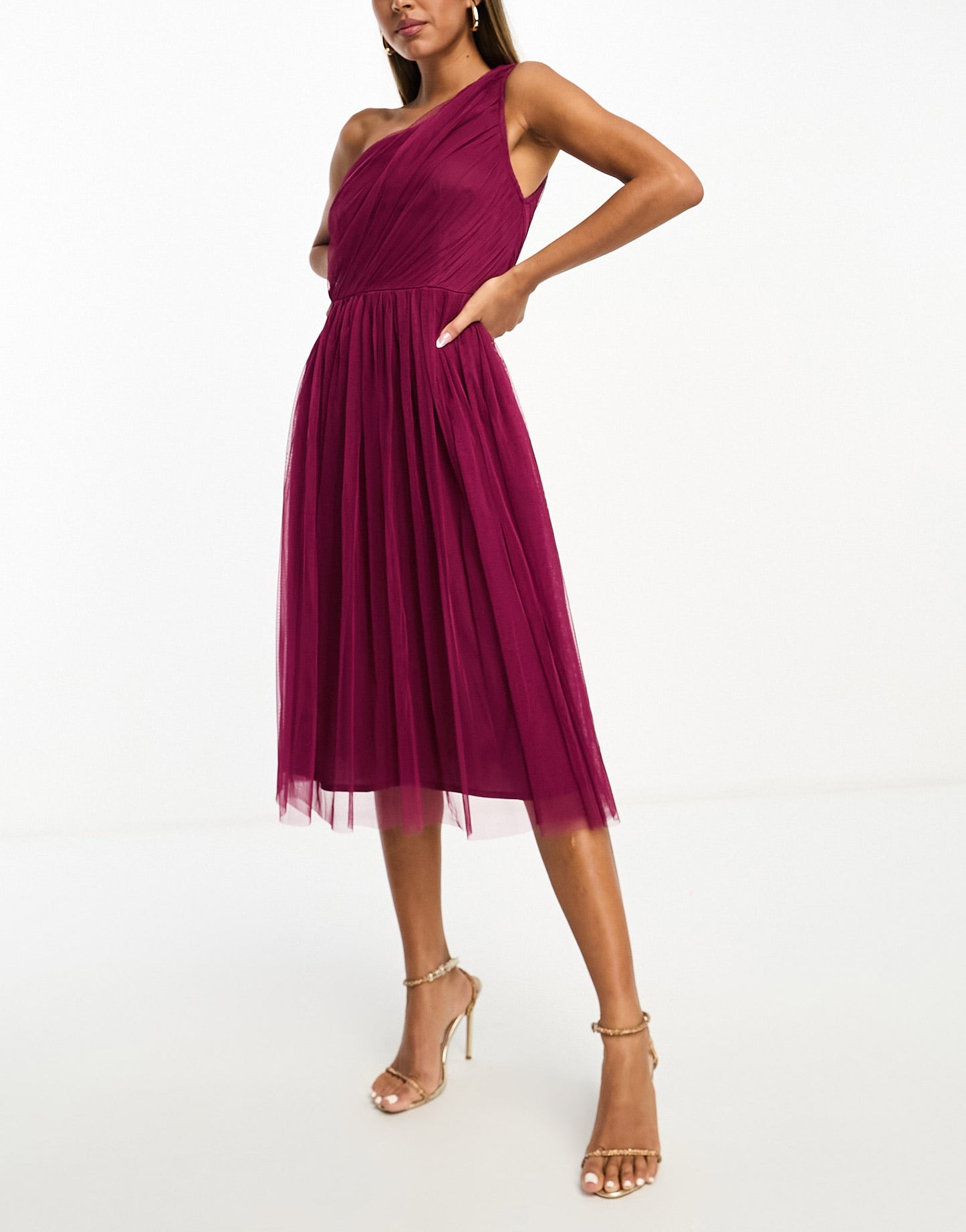 Anaya Bridesmaid tulle one shoulder midi dress in berry
