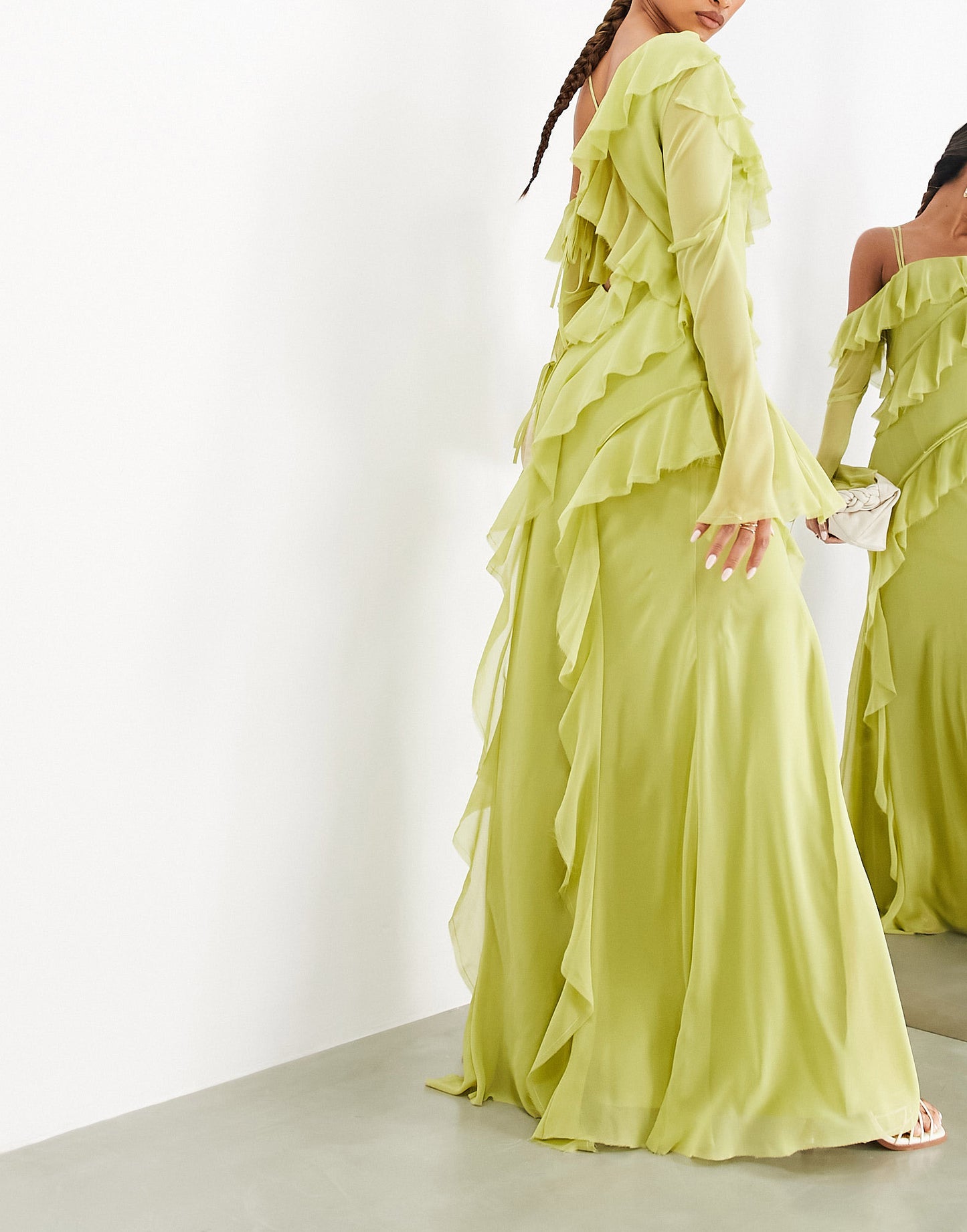ASOS EDITION off shoulder asymmetric frill detail maxi dress in olive green