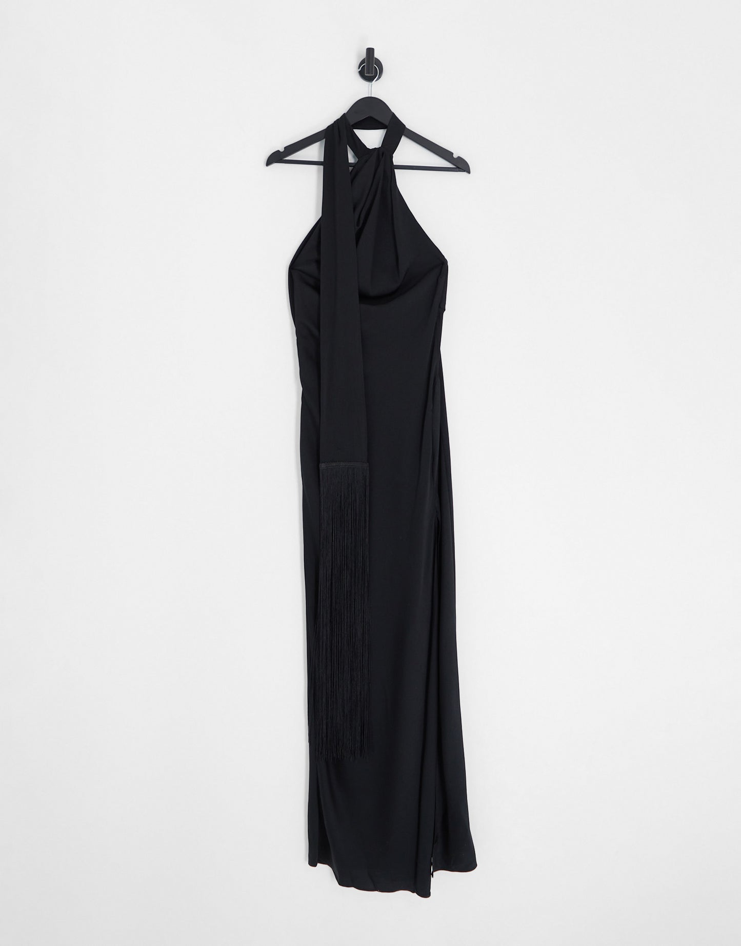 ASOS DESIGN satin halter maxi dress with fringe scarf detail in black