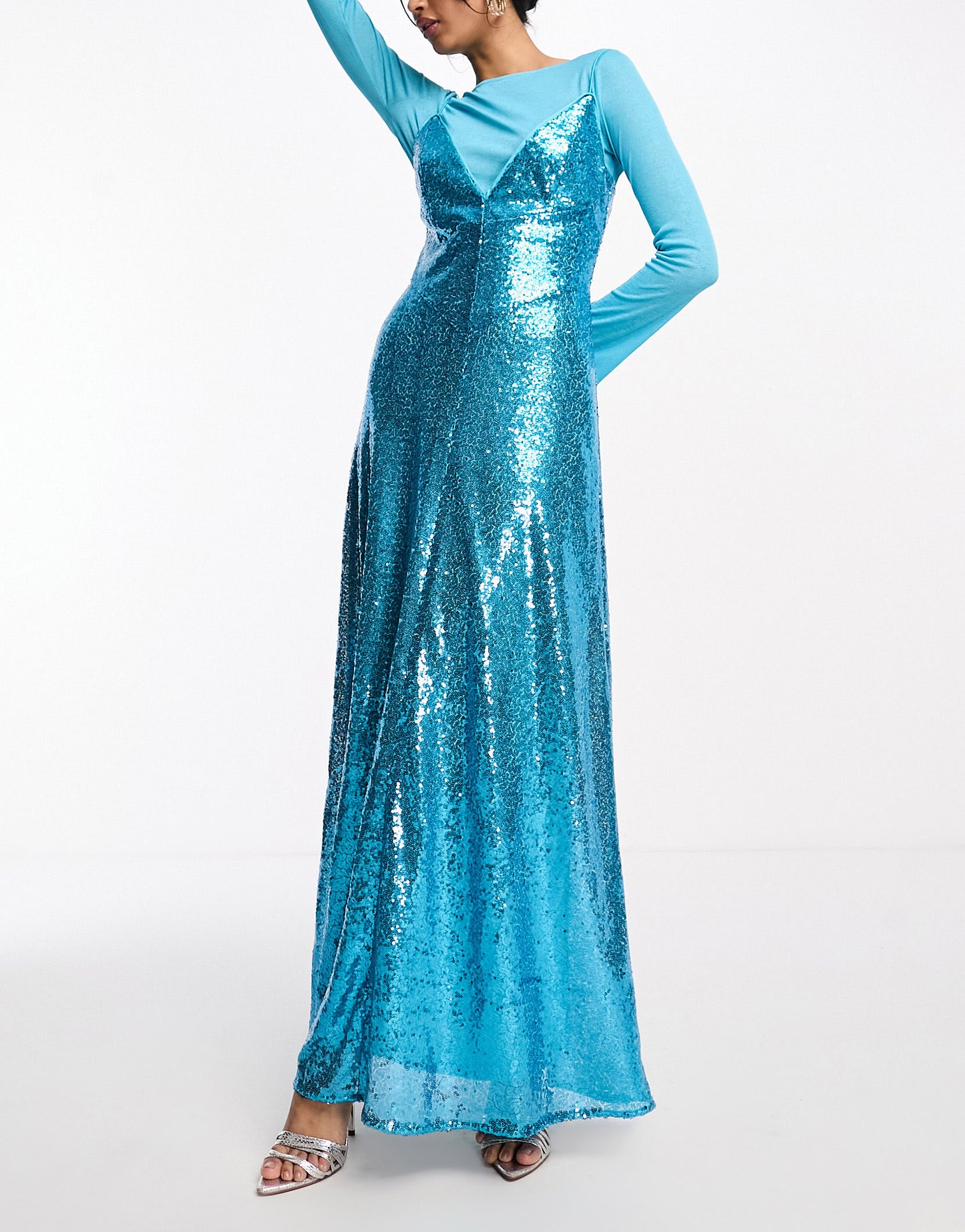 Daska embellished sequin slip dress with detachable matching top in aqua blue