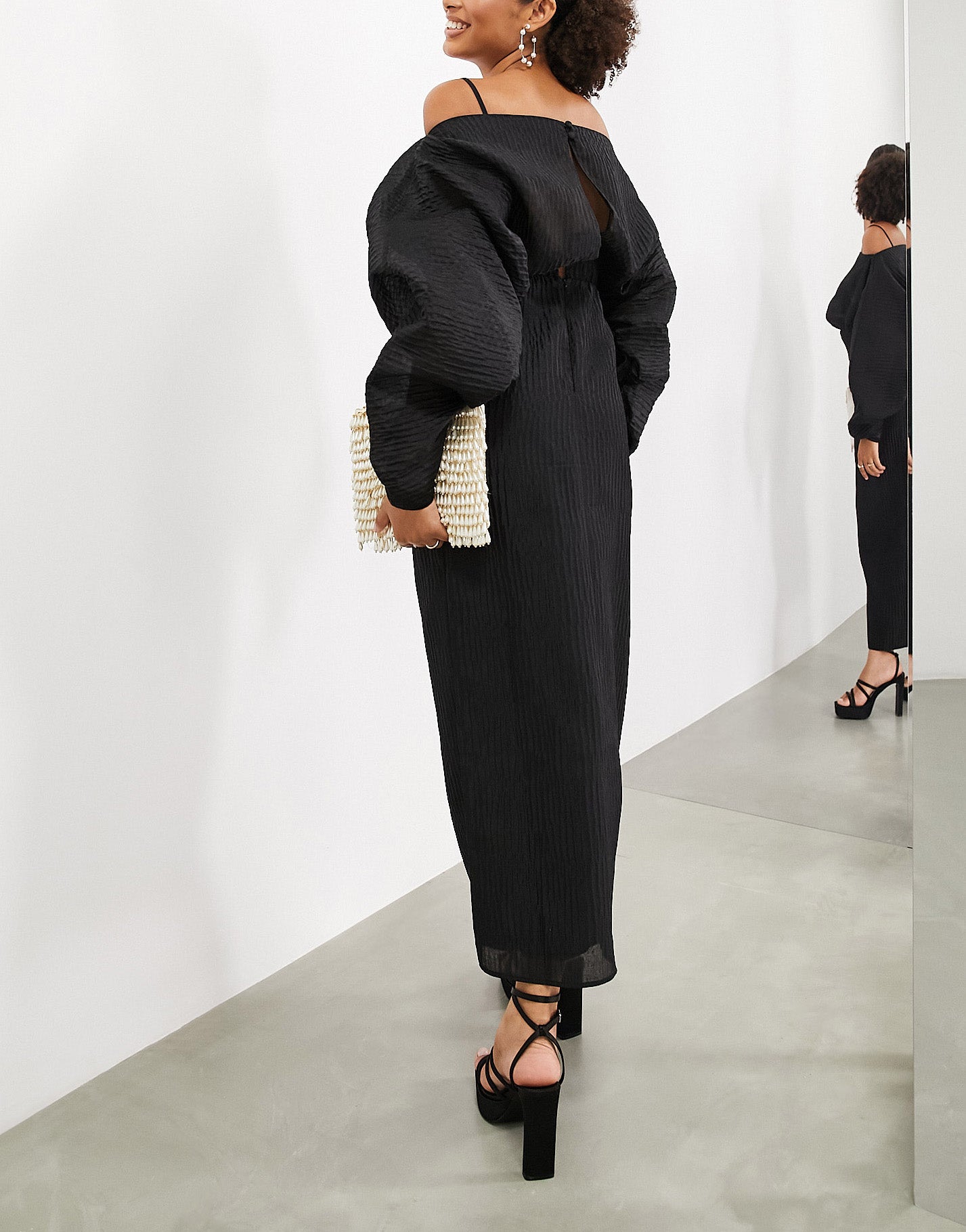 ASOS EDITION volume plisse long sleeve maxi dress in black