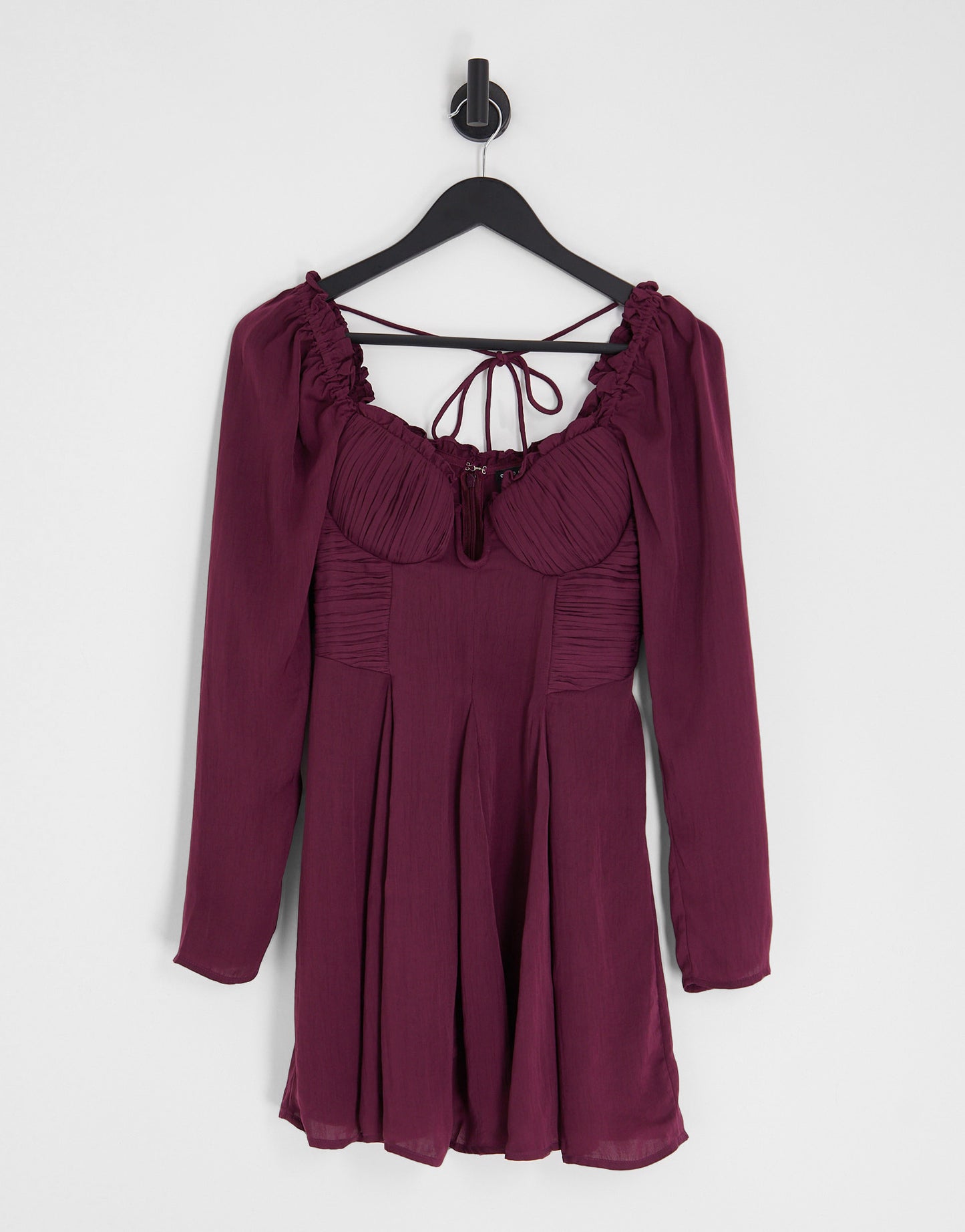 ASOS DESIGN satin cupped mini dress with godet and ruched waist in wine