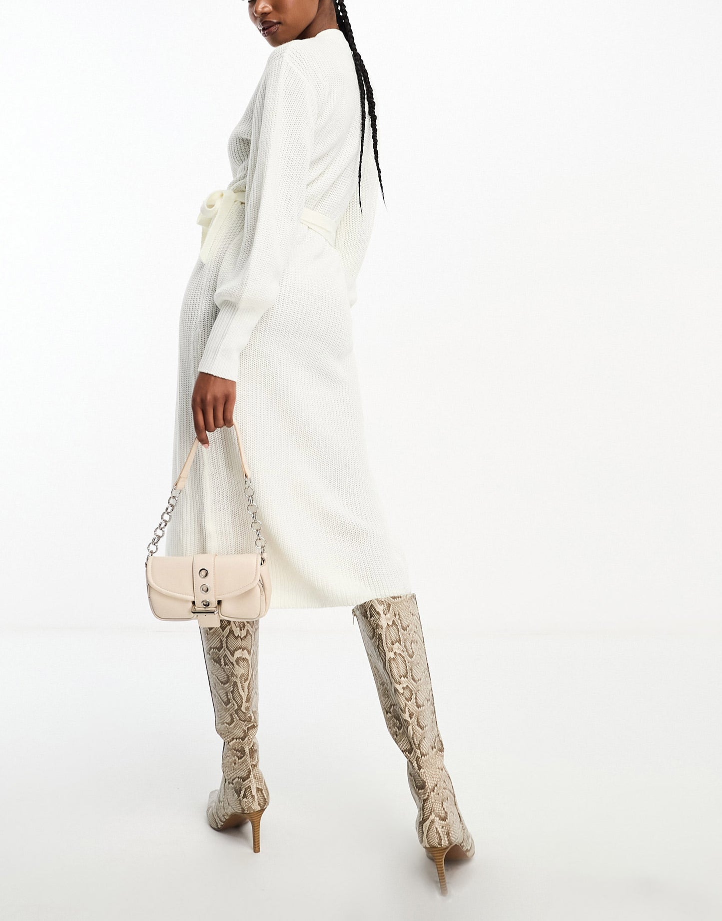 In The Style exclusive knitted wrap midi jumper dress in cream