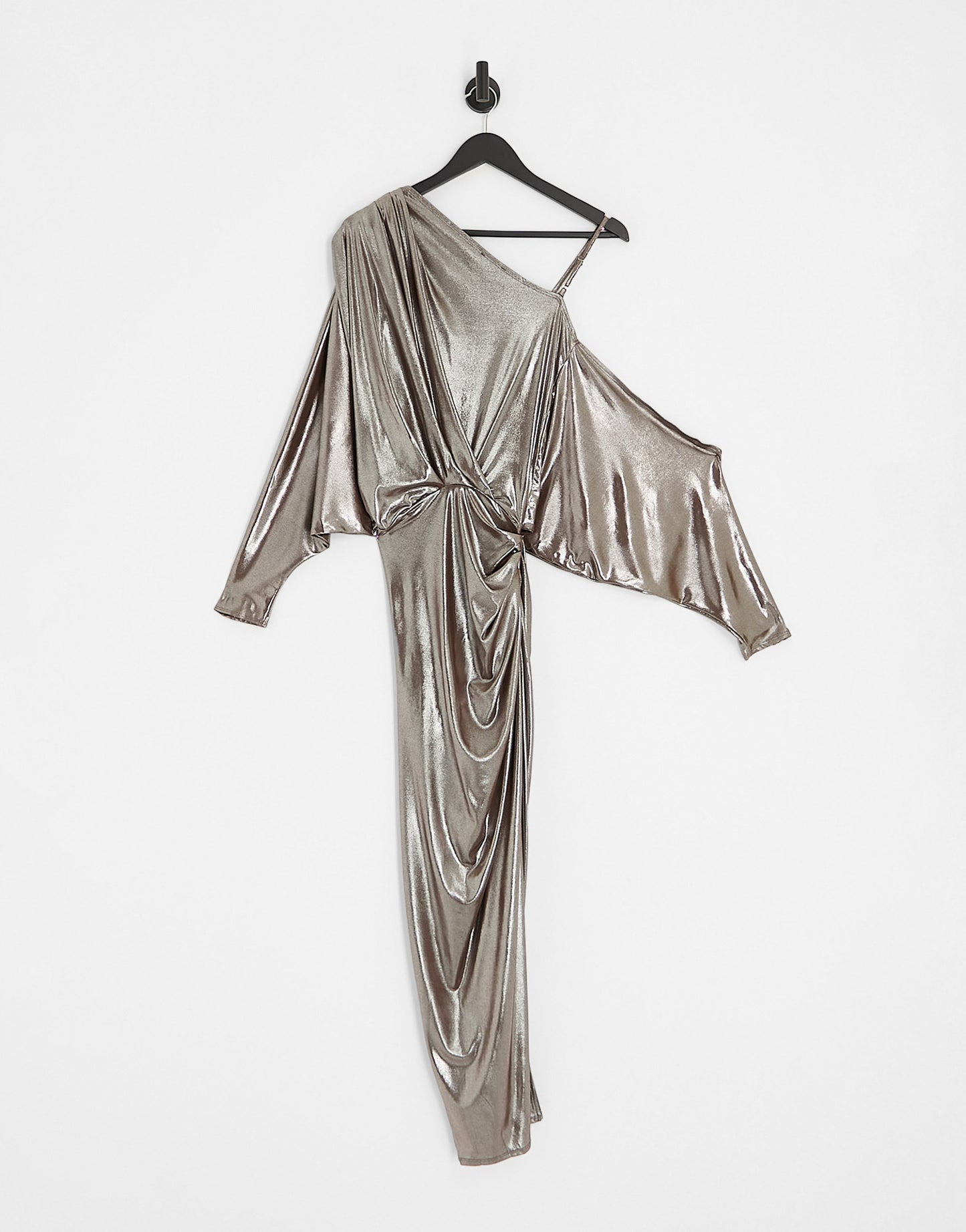 ASOS DESIGN off shoulder grecian drape midi dress in gold foil