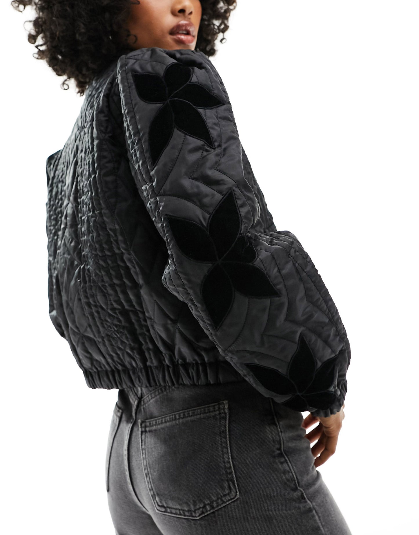 Free People quilted velvet inlay jacket in black