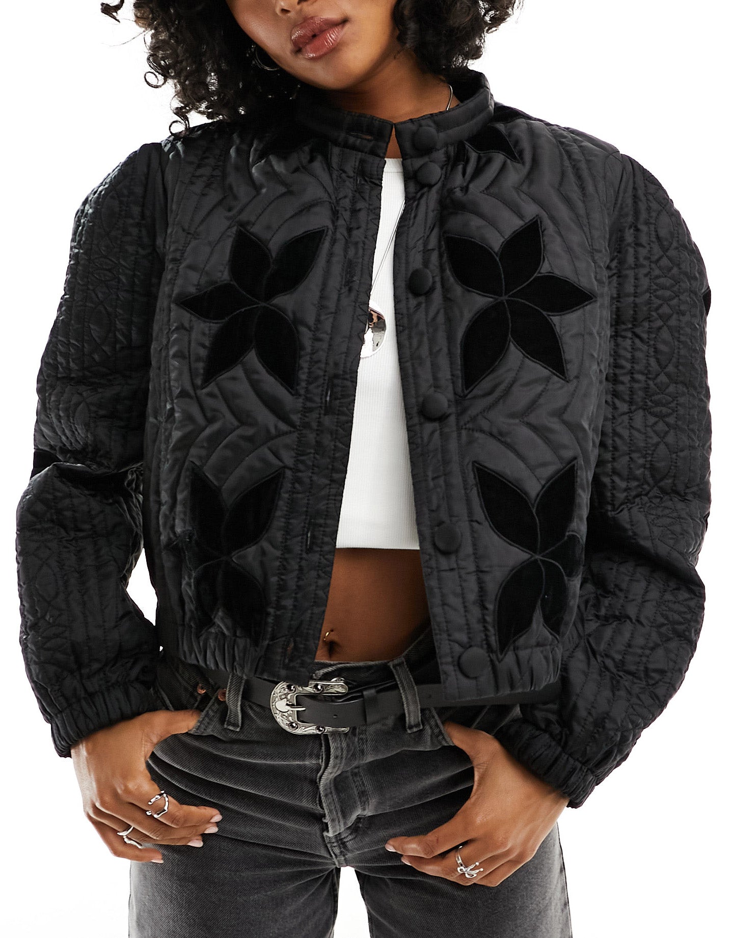 Free People quilted velvet inlay jacket in black