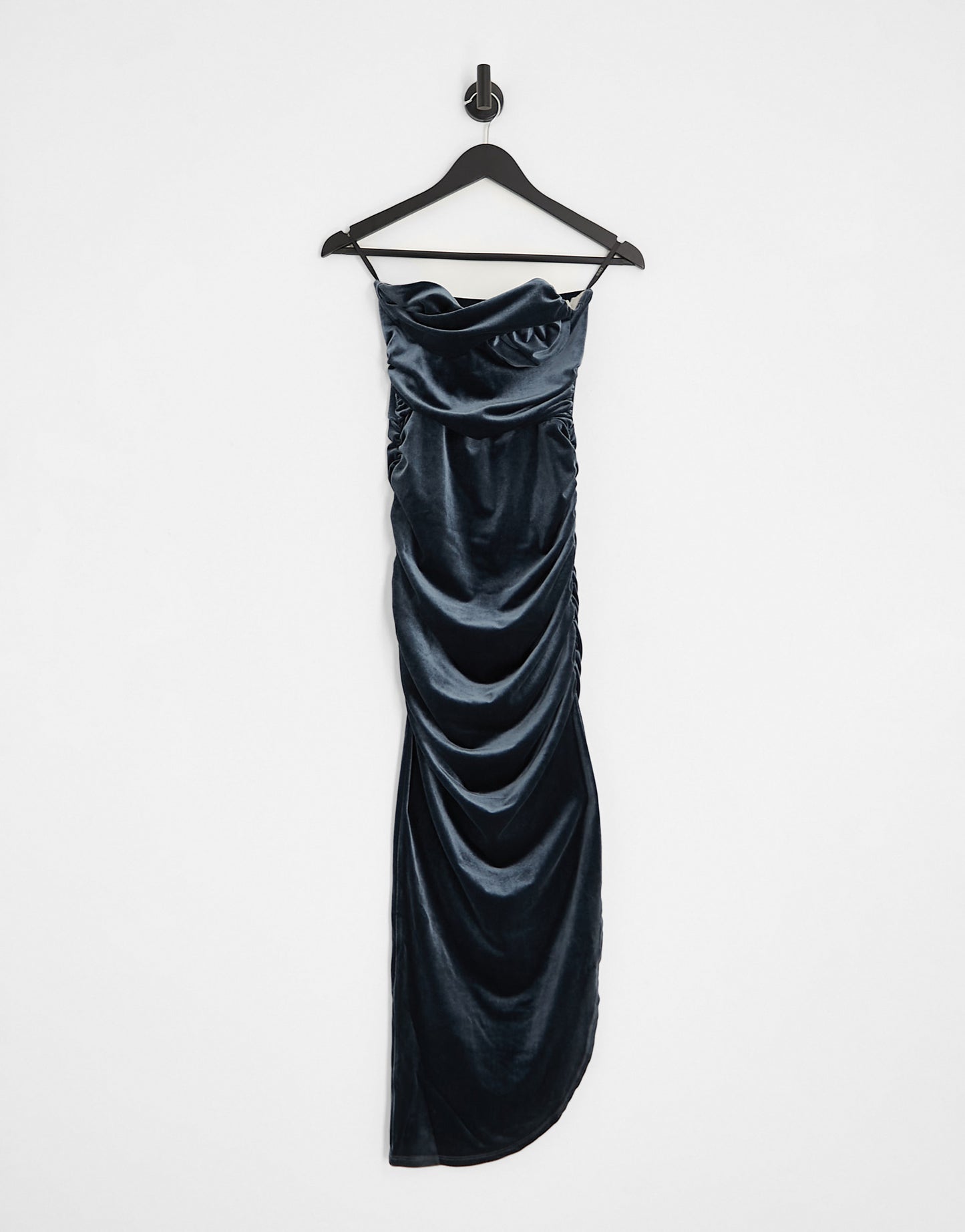 ASOS DESIGN velvet twist front draped bandeau midi dress in dark grey