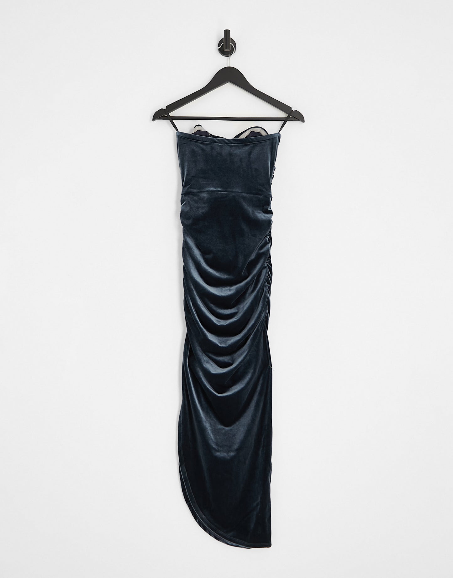 ASOS DESIGN velvet twist front draped bandeau midi dress in dark grey