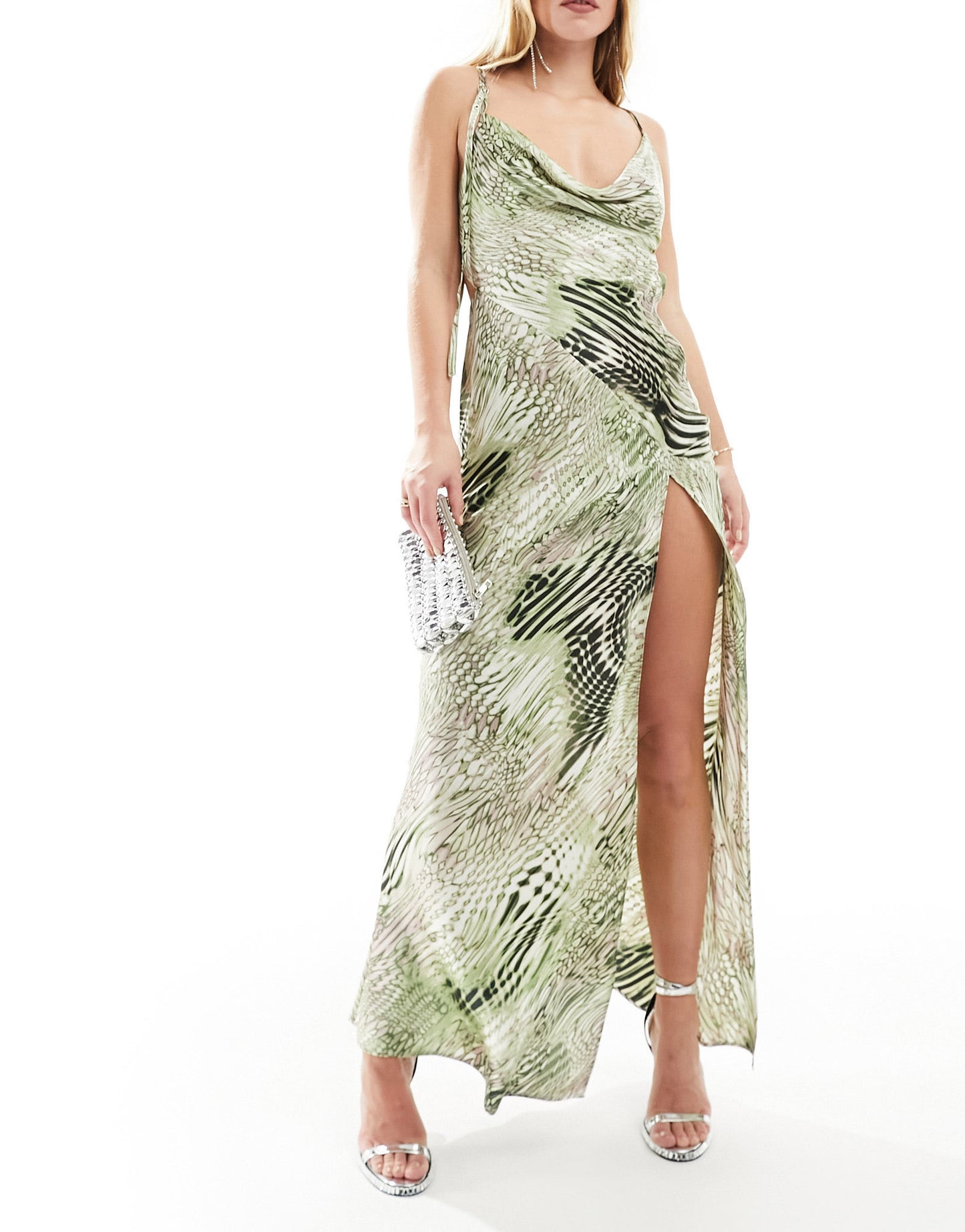 ASOS DESIGN satin cowl neck bias maxi dress with buckle detail and cut out in abstract leopard print