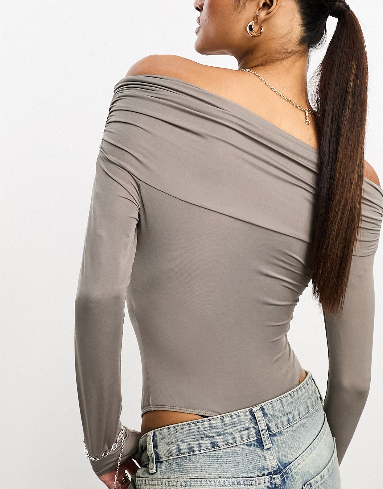 Bershka slinky fold over bodysuit in washed brown