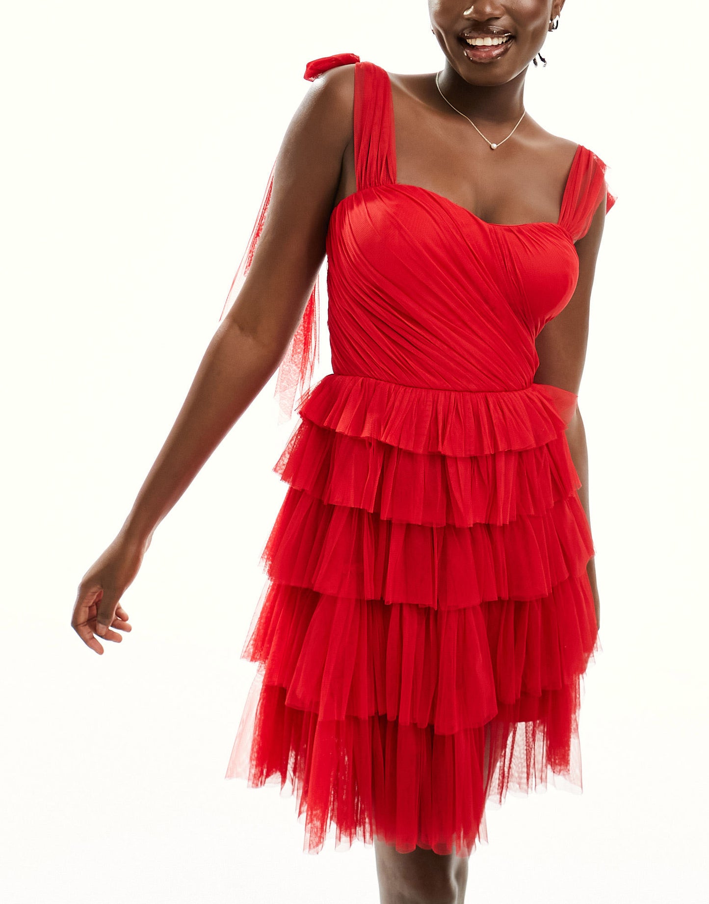 Lace & Beads bow shoulder tulle ruffle mini dress in red