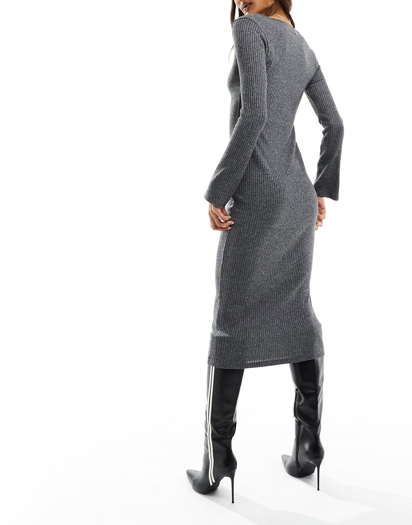 New Look long sleeve scoop neck midi dress in dark grey