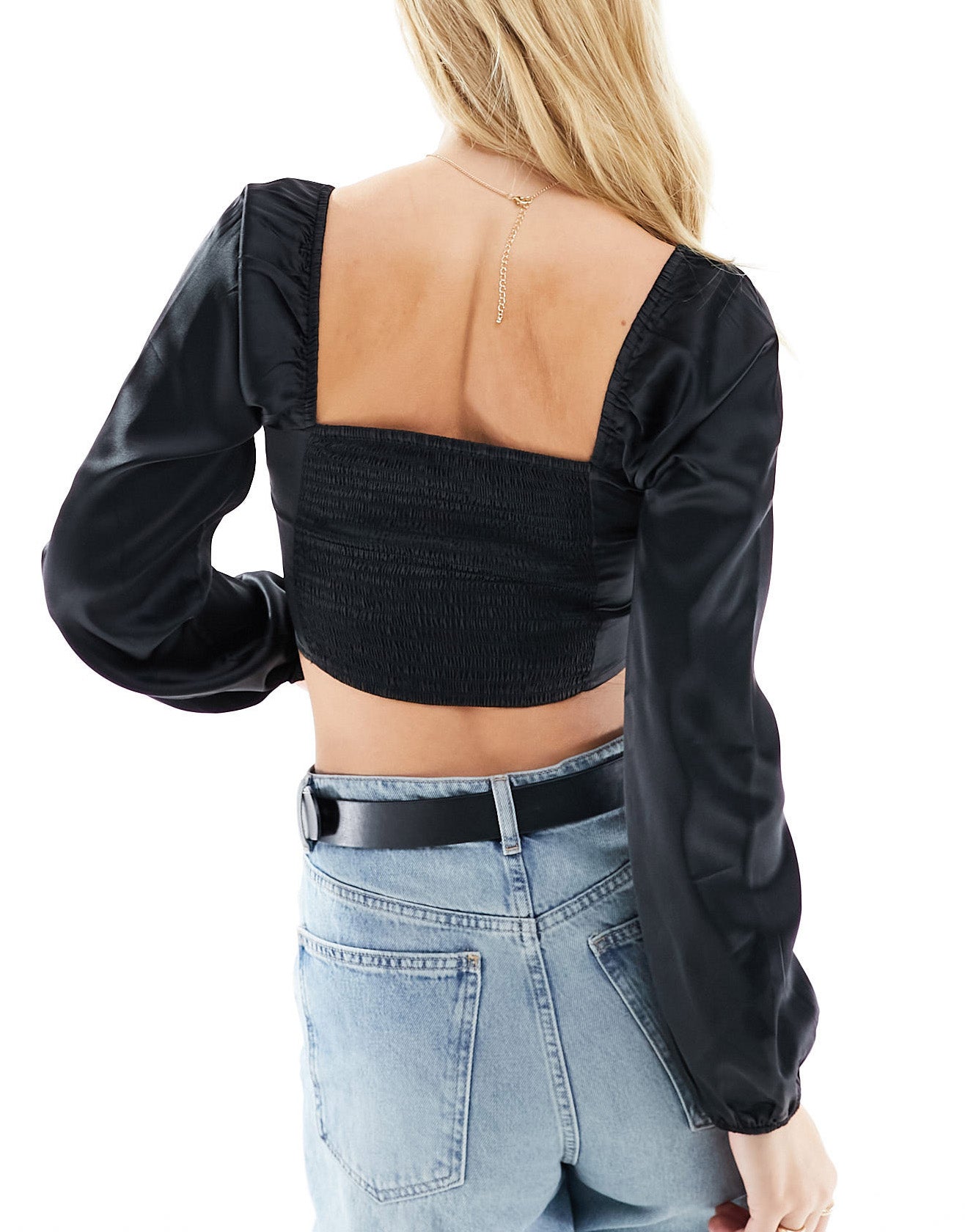 Hollister satin long sleeve top with square neckline in black