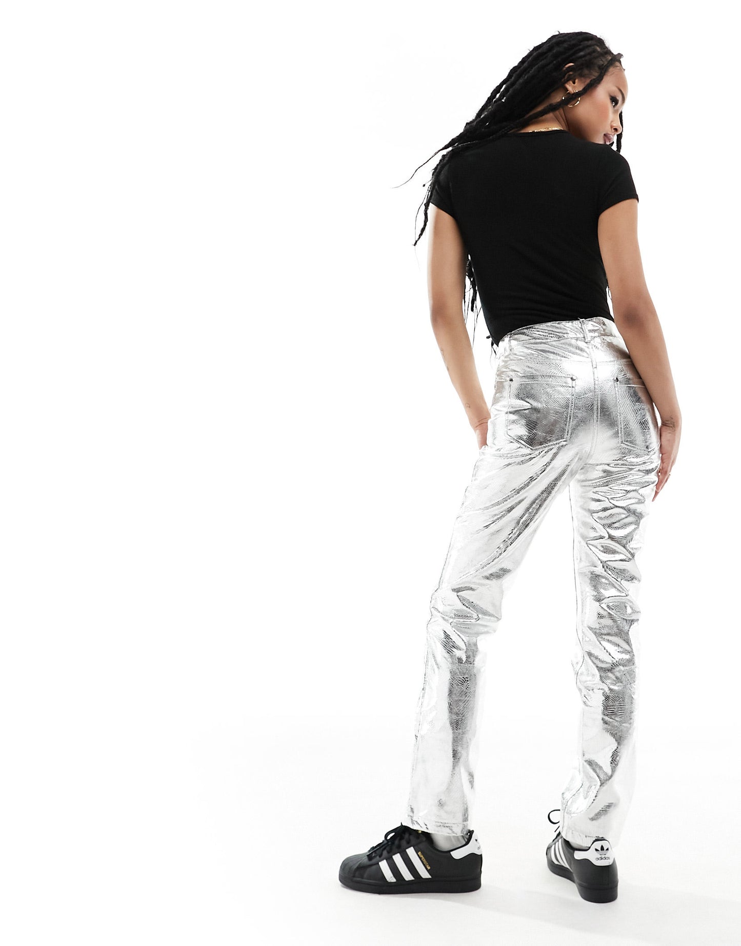 River Island Petite straight leg trouser in silver metallic