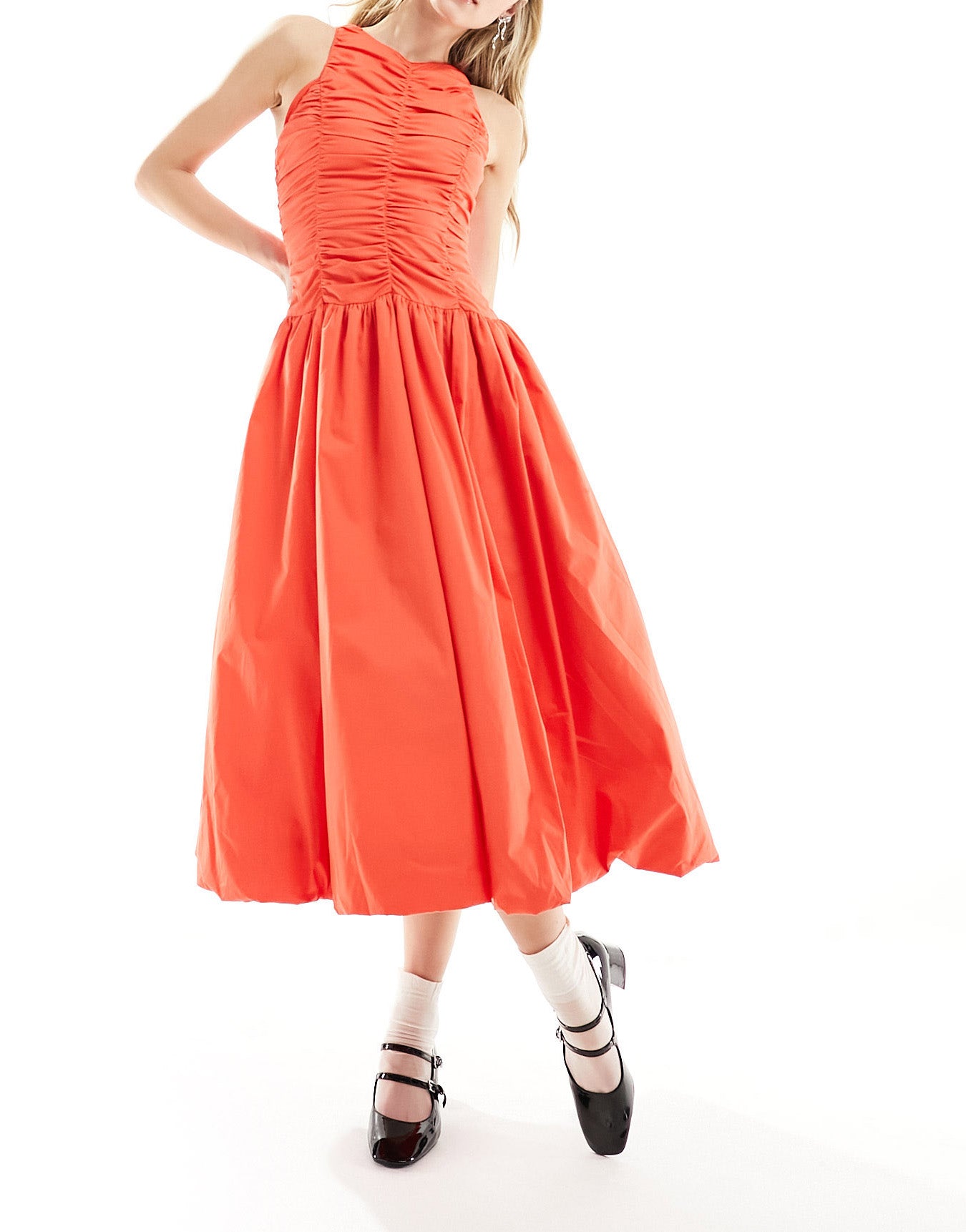 Amy Lynn Elodie utility ruffle midi dress with puffball skirt in blood orange