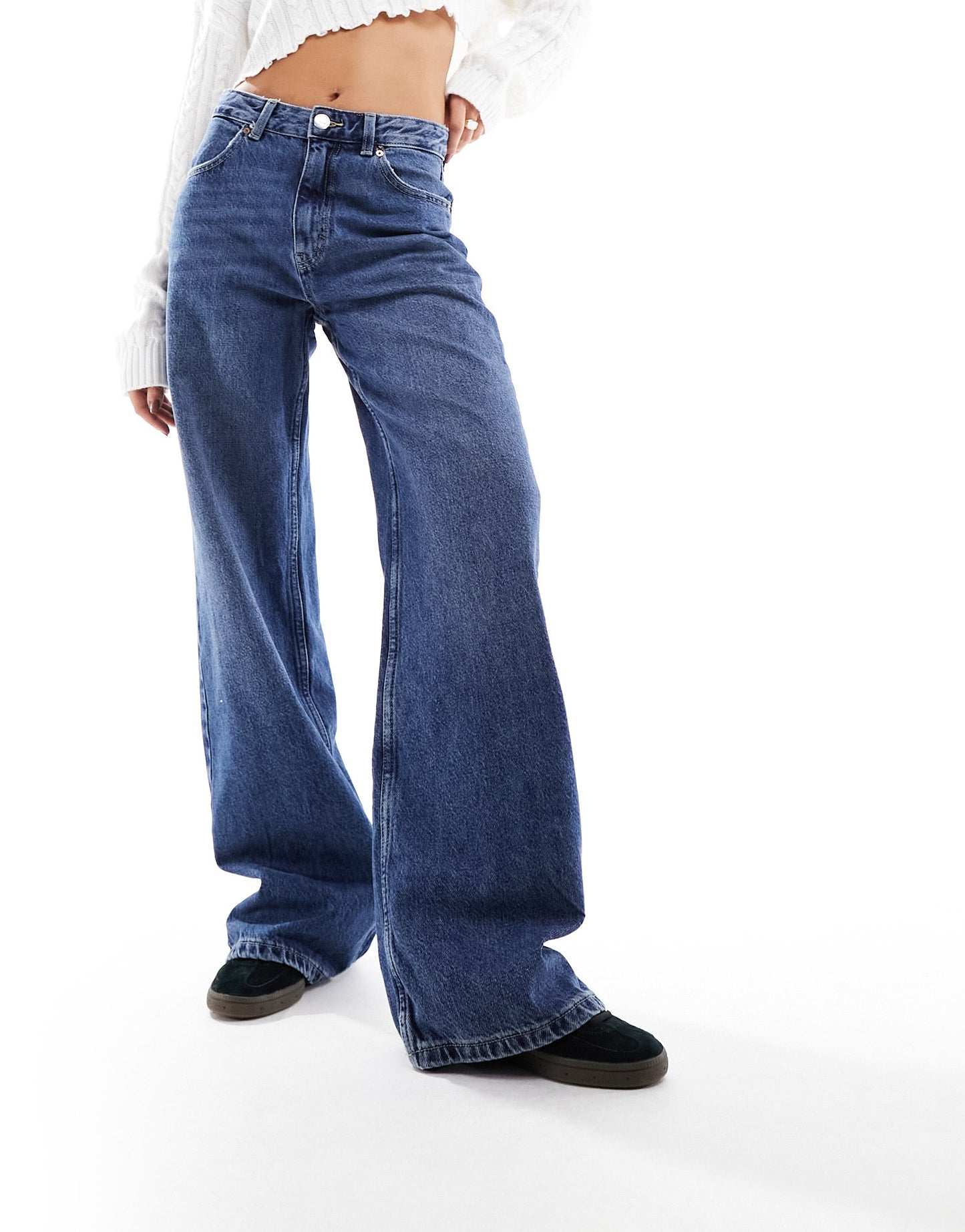 Pull&Bear wide leg high rise jean in dark blue