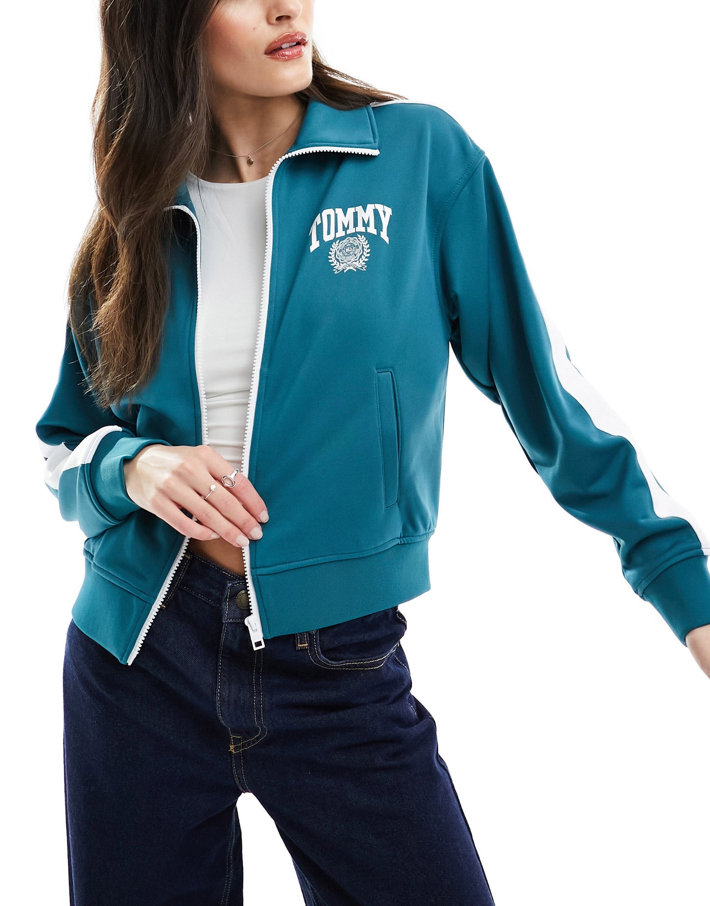 Tommy Jeans co-ord varsity track jacket in teal