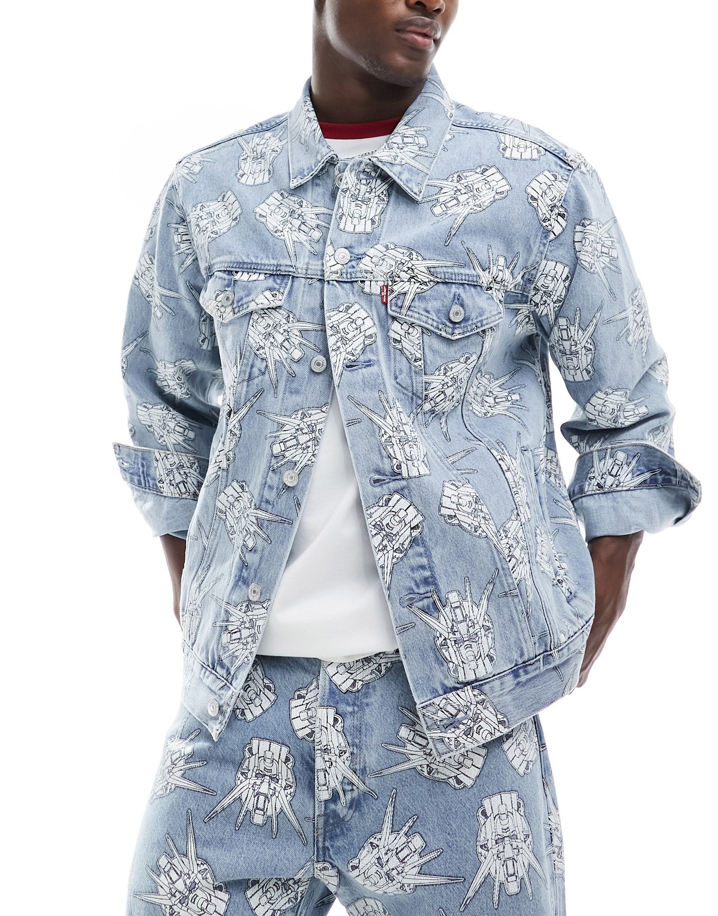 Levi's X Gundam collab starfighter all over print relaxed fit denim trucker jacket in light wash