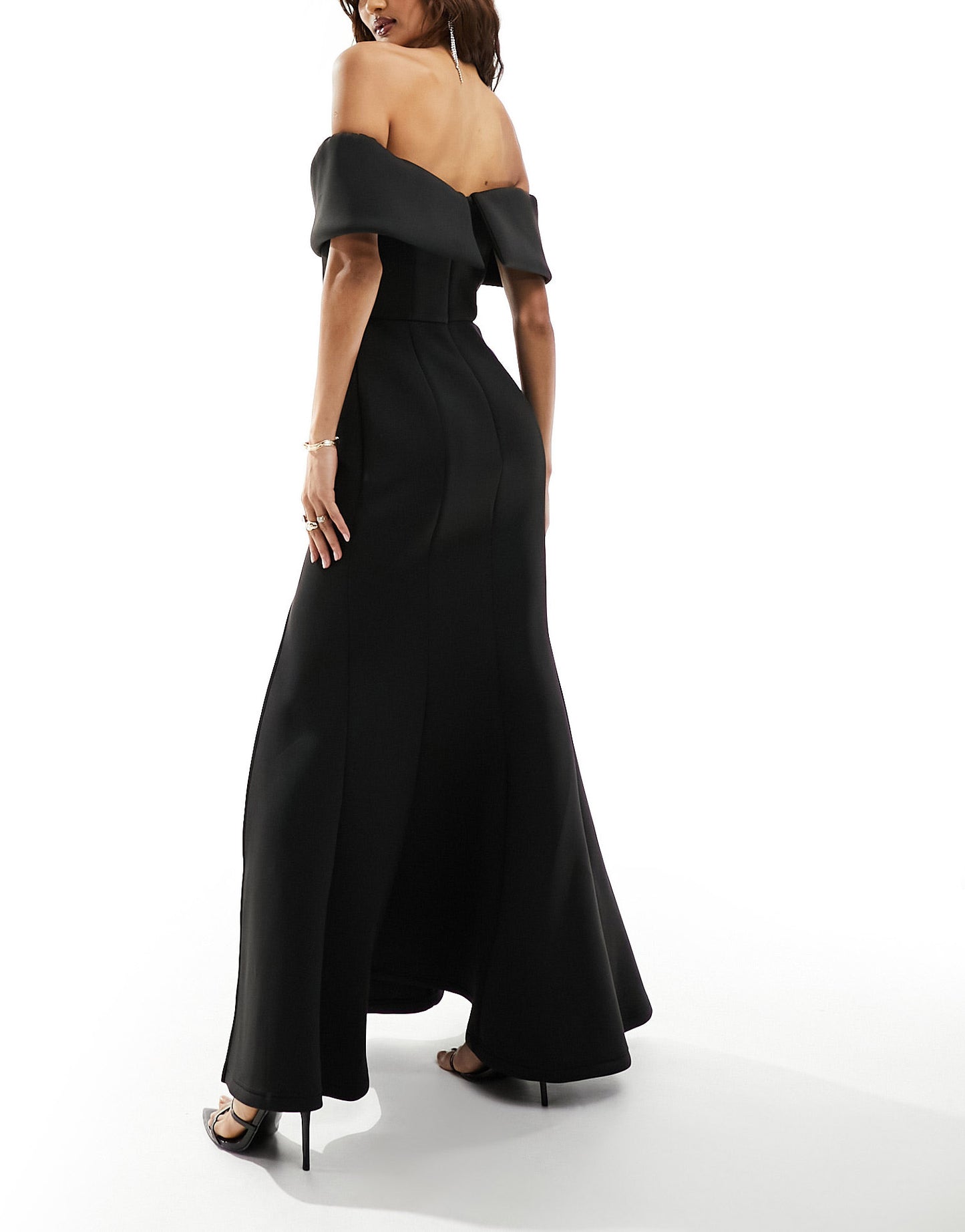 Jarlo straight bardot gown with fishtail skirt in black