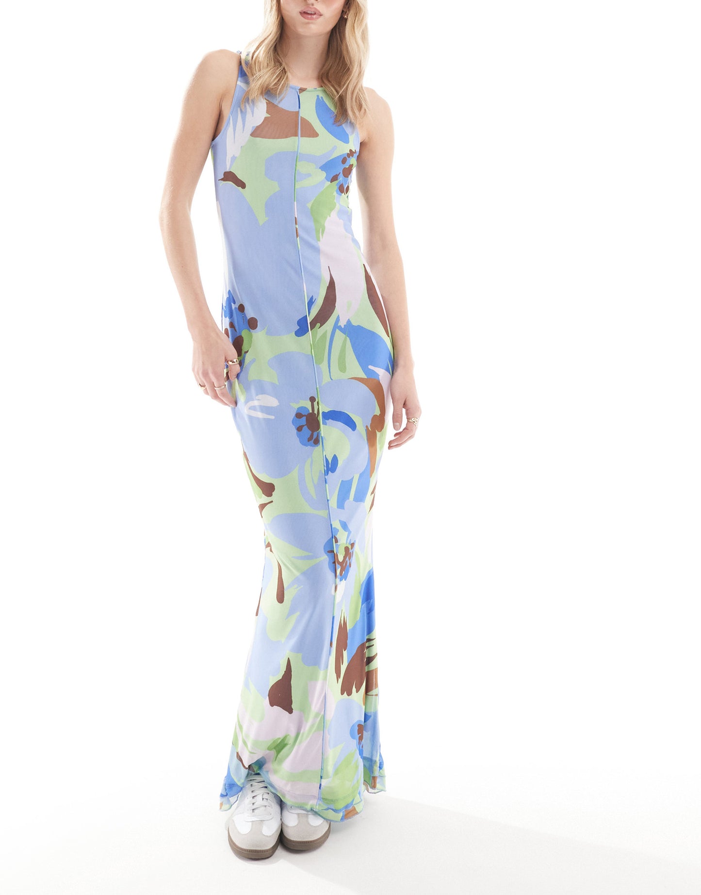 Vero Moda Tall sleeveless lettuce edge mesh dress in blue floral print