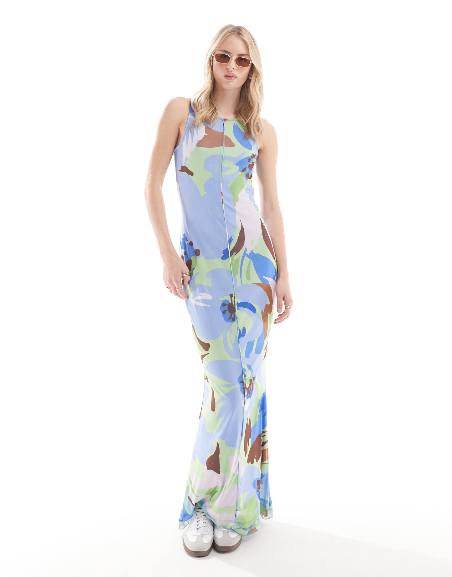 Vero Moda Tall sleeveless lettuce edge mesh dress in blue floral print