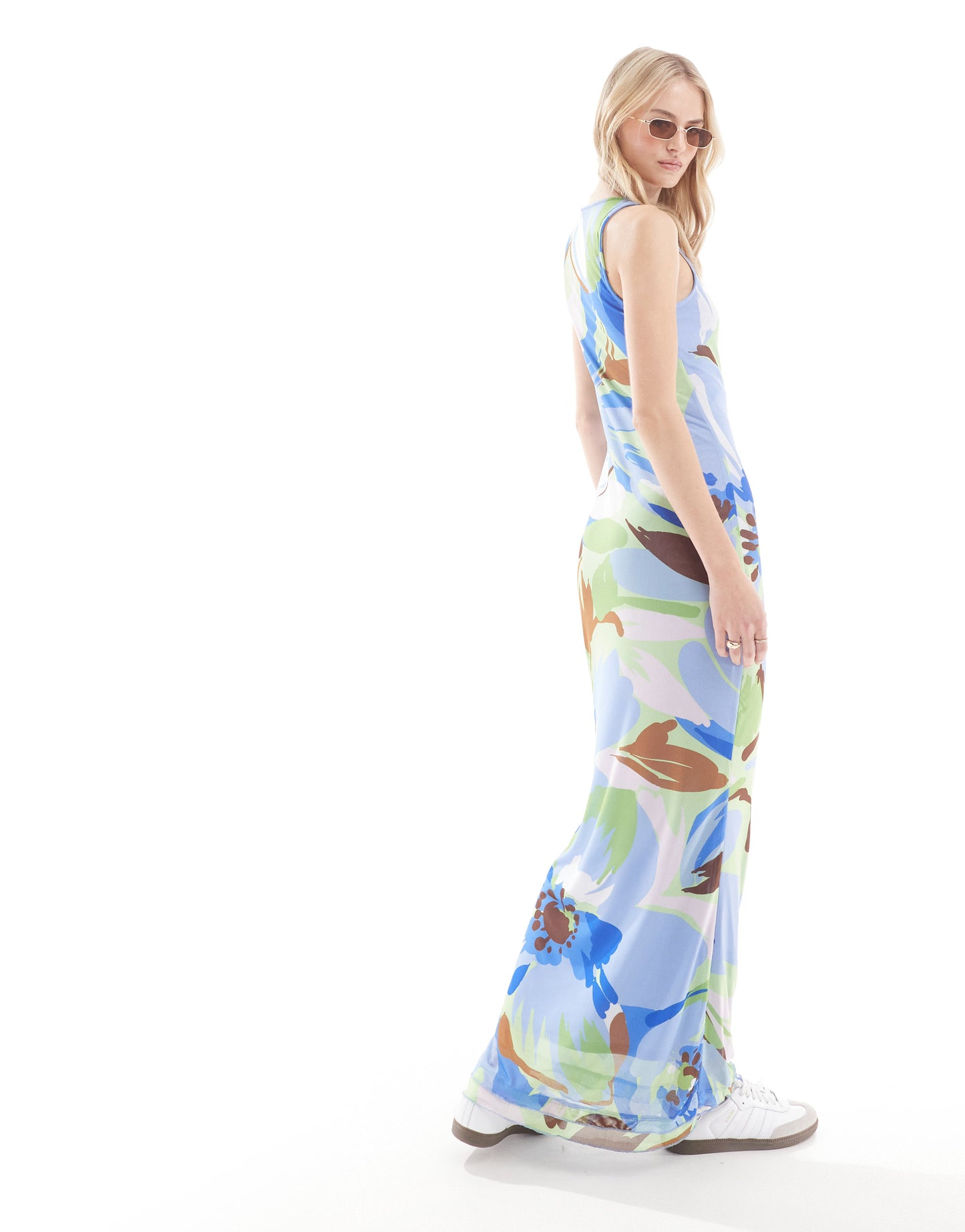 Vero Moda Tall sleeveless lettuce edge mesh dress in blue floral print