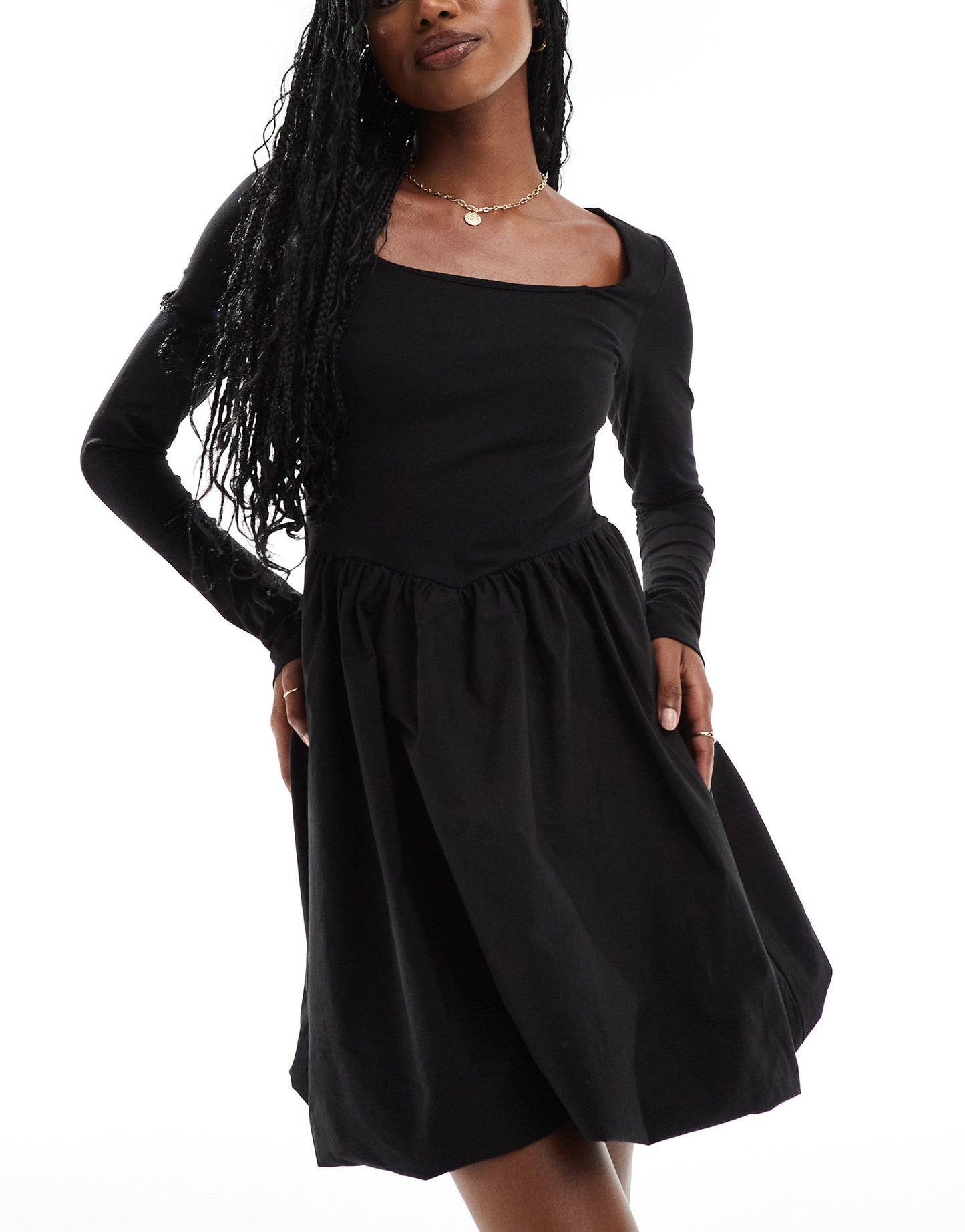 ASOS DESIGN square neck long sleeve mini dress with bubble hem in black