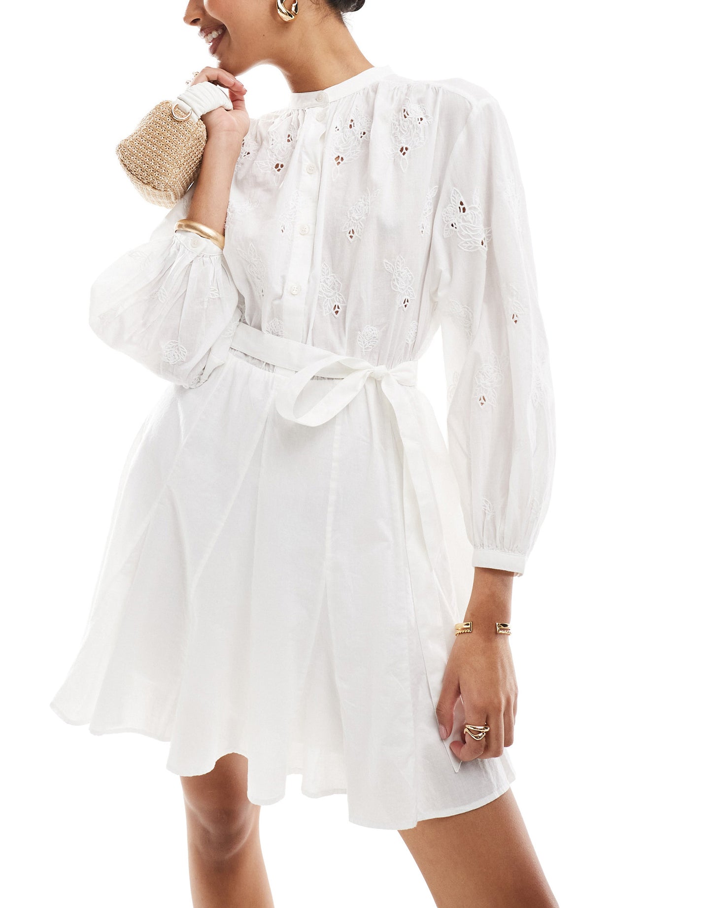 & Other Stories embroidered broderie mini dress with tie detail in white