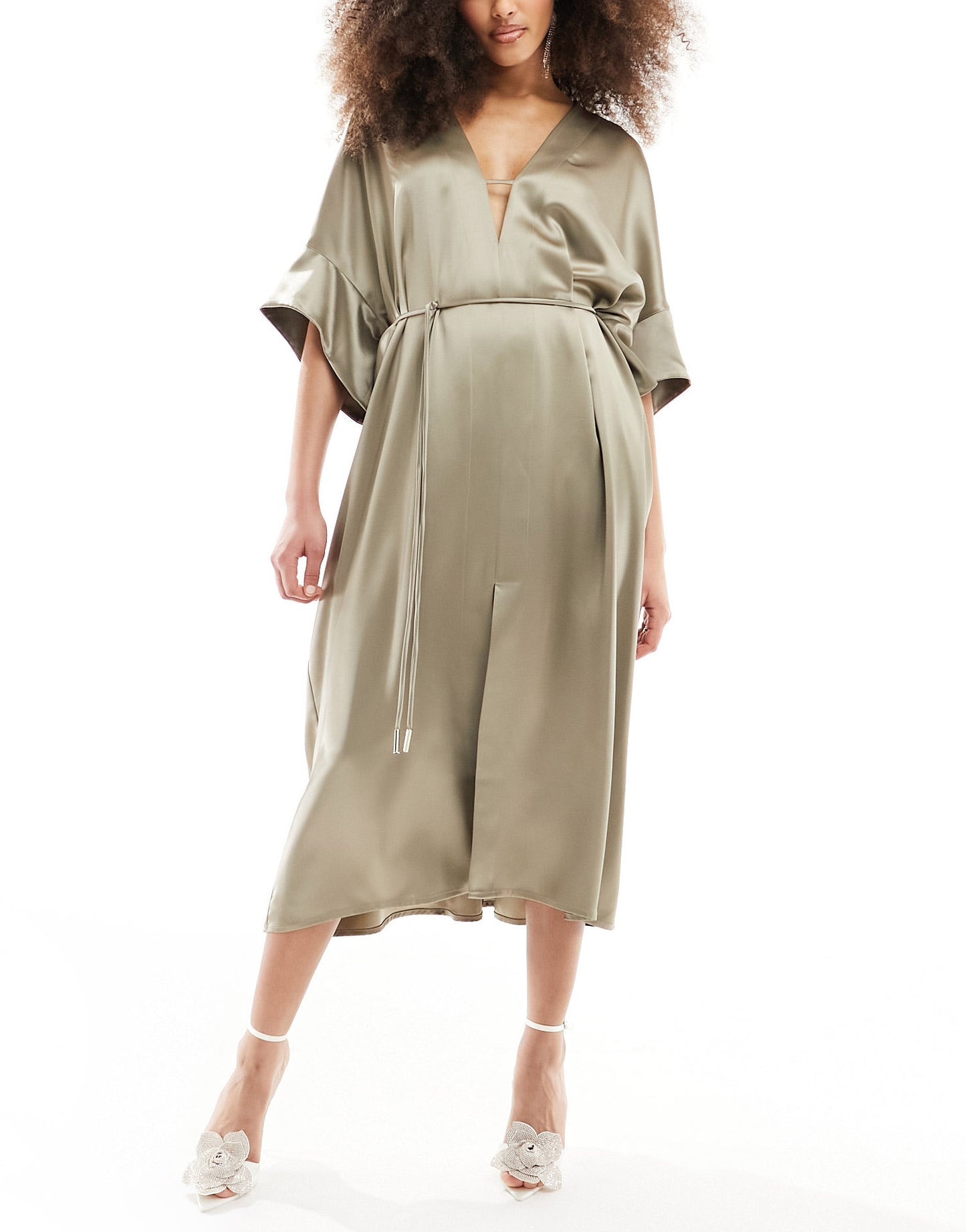 & Other Stories relaxed belted satin midi dress with front split in light mole