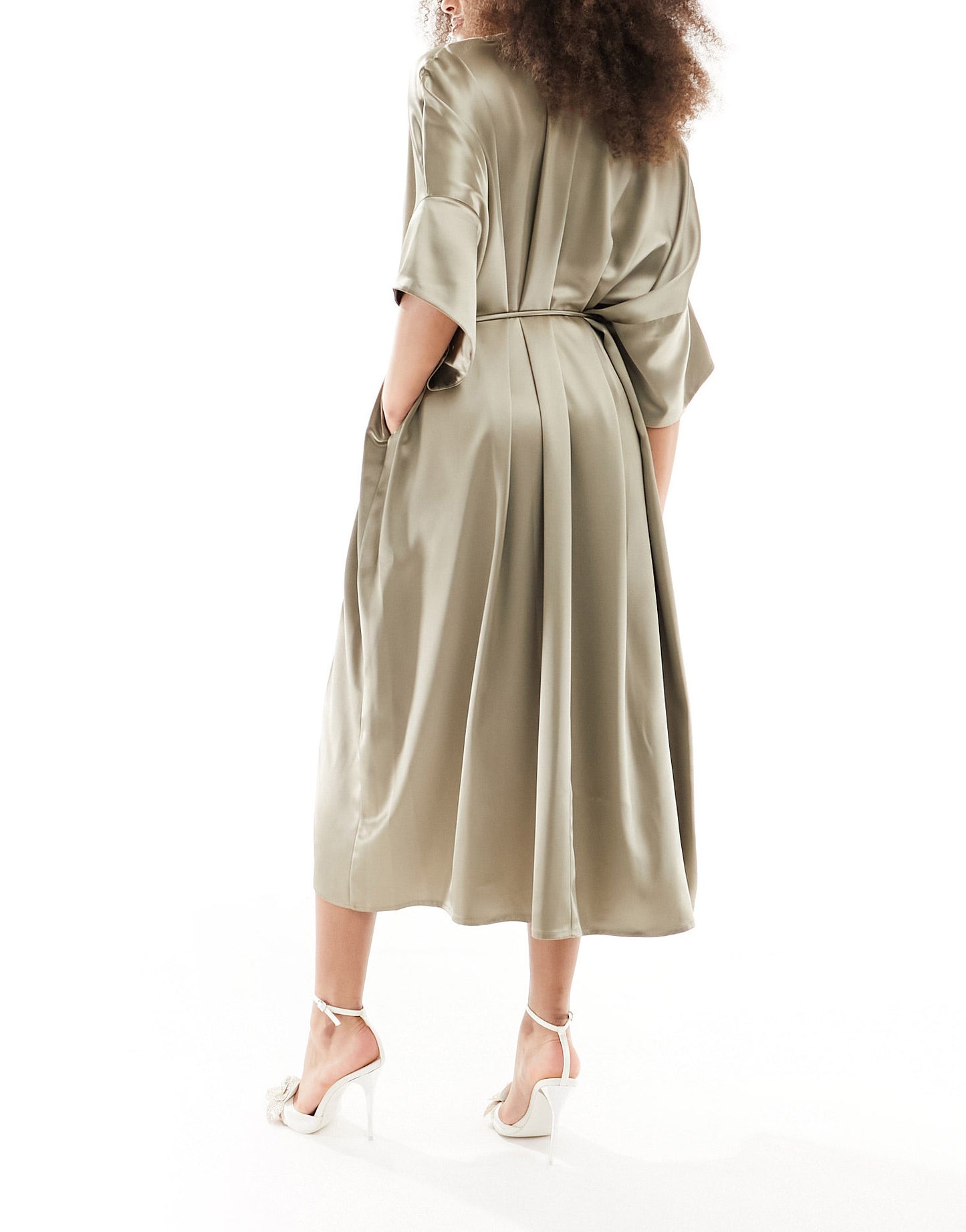 & Other Stories relaxed belted satin midi dress with front split in light mole