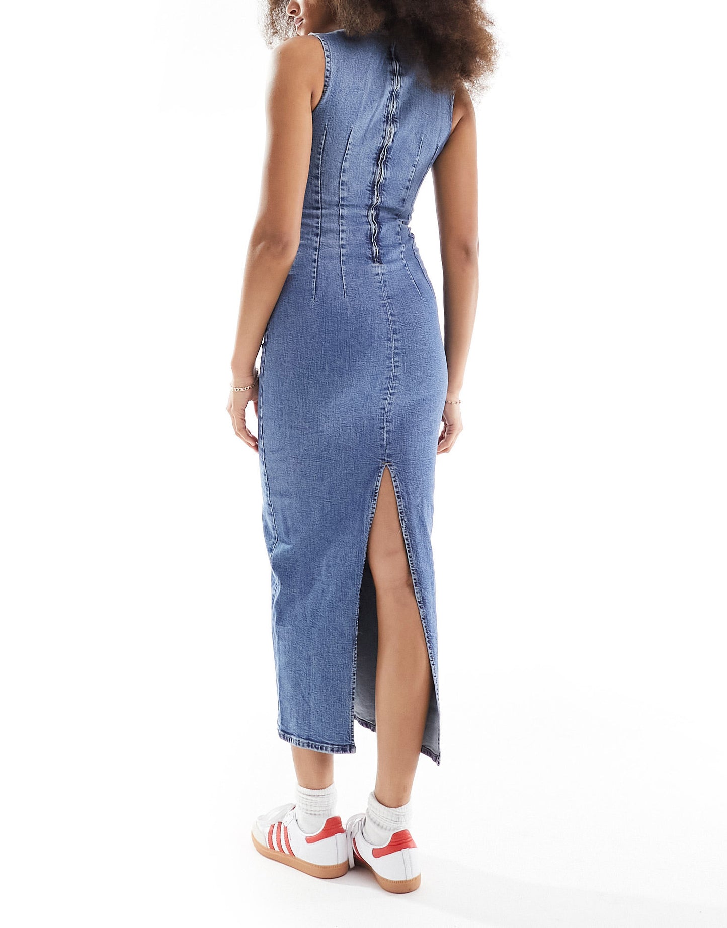 Pull&Bear racer neck denim maxi dress in medium blue