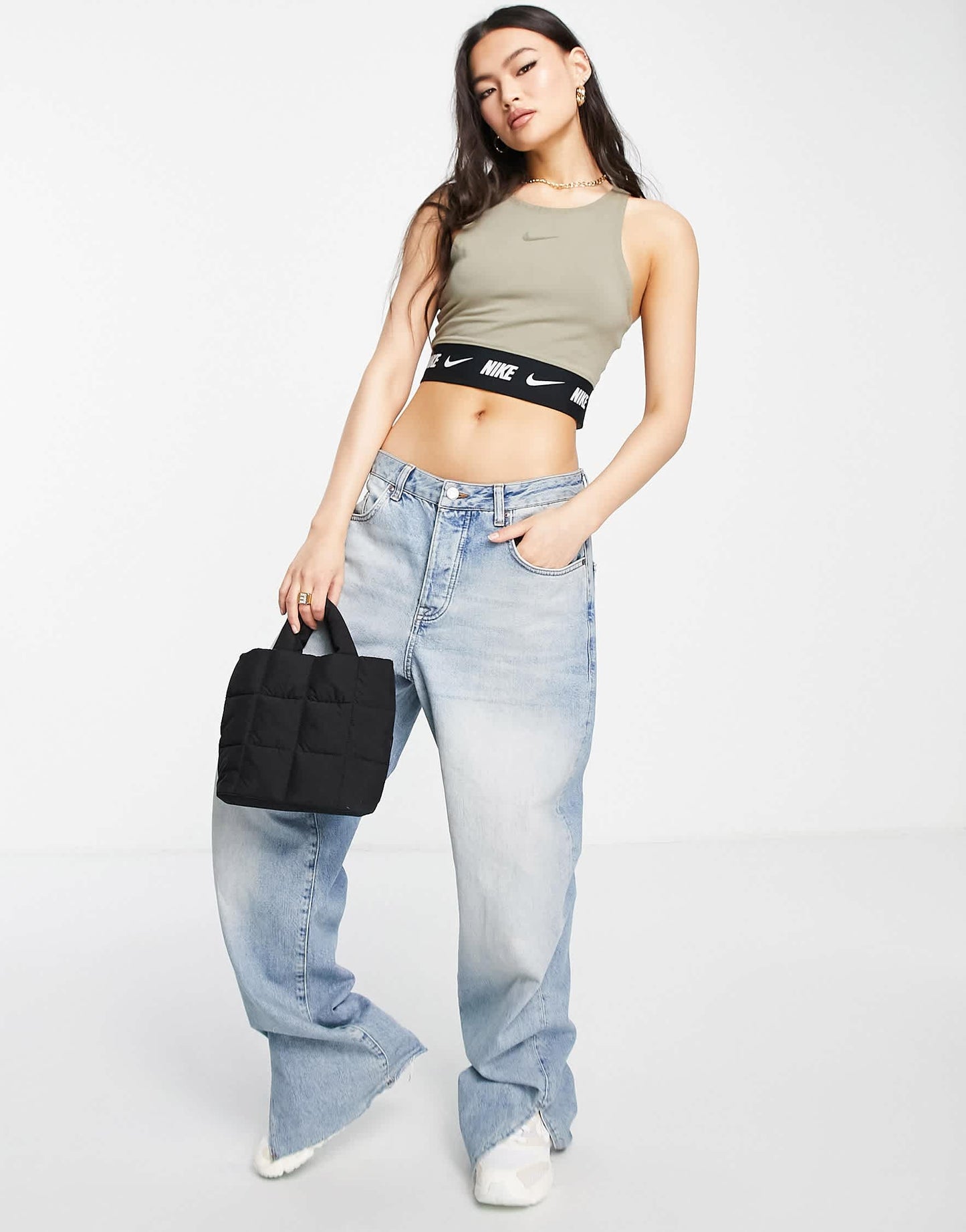 Nike swoosh tape crop top in matte olive