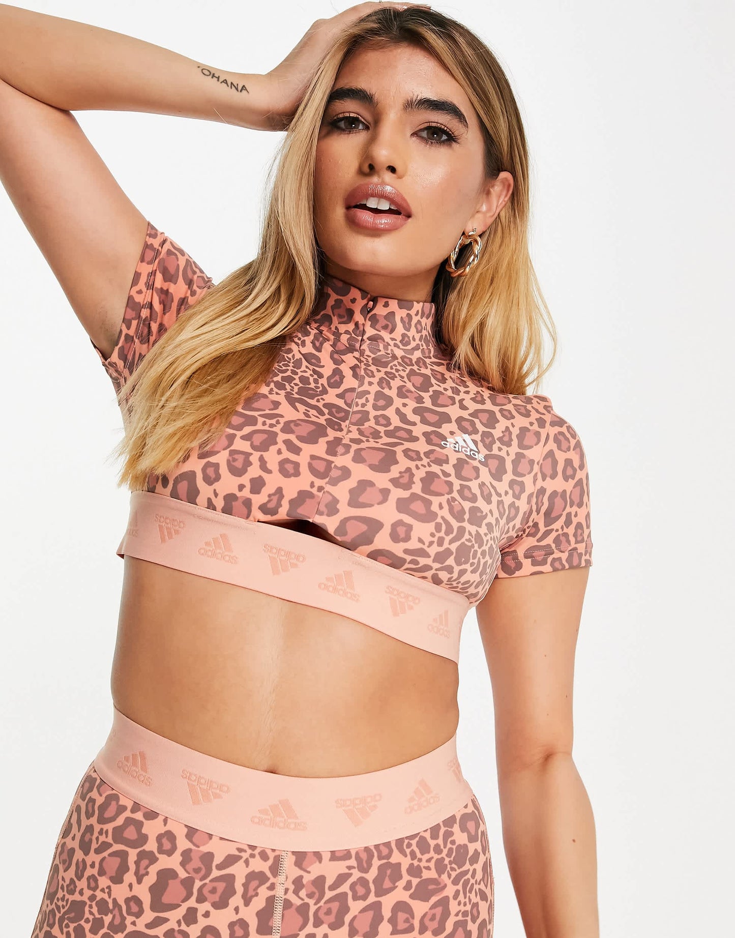 adidas Training cropped zip t-shirt in orange leopard print