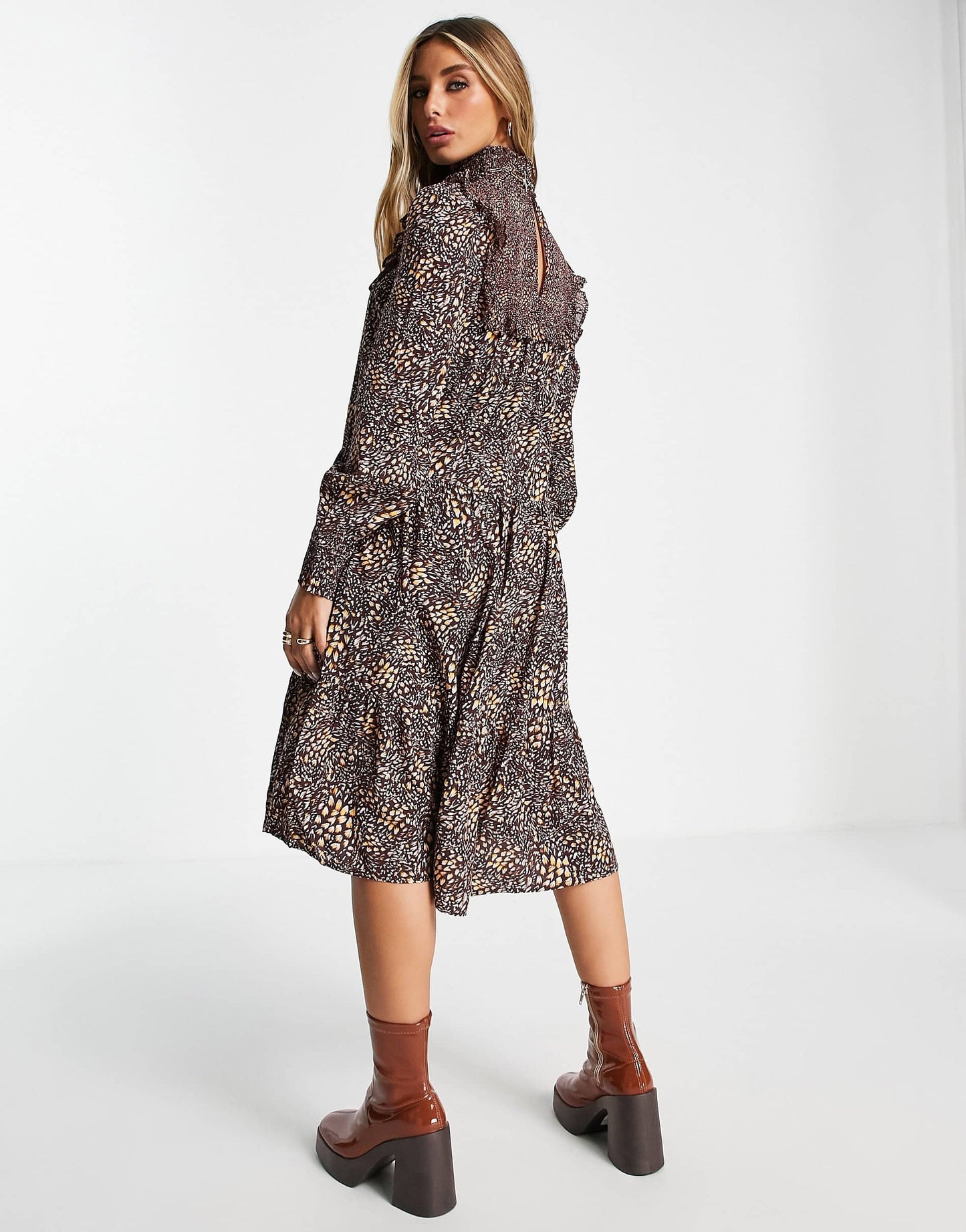 French Connection Faith drape high neck tiered midi dress in brown animal print