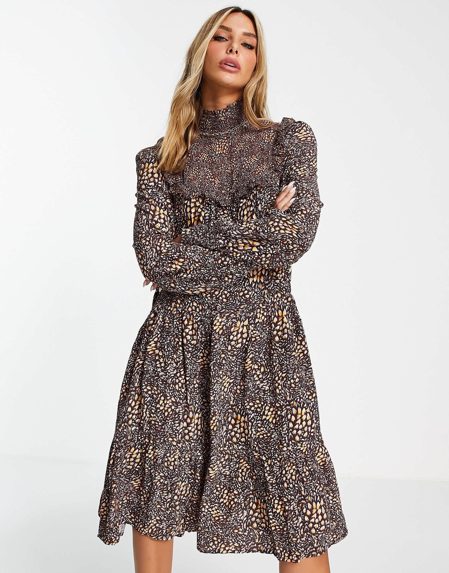 French Connection Faith drape high neck tiered midi dress in brown animal print