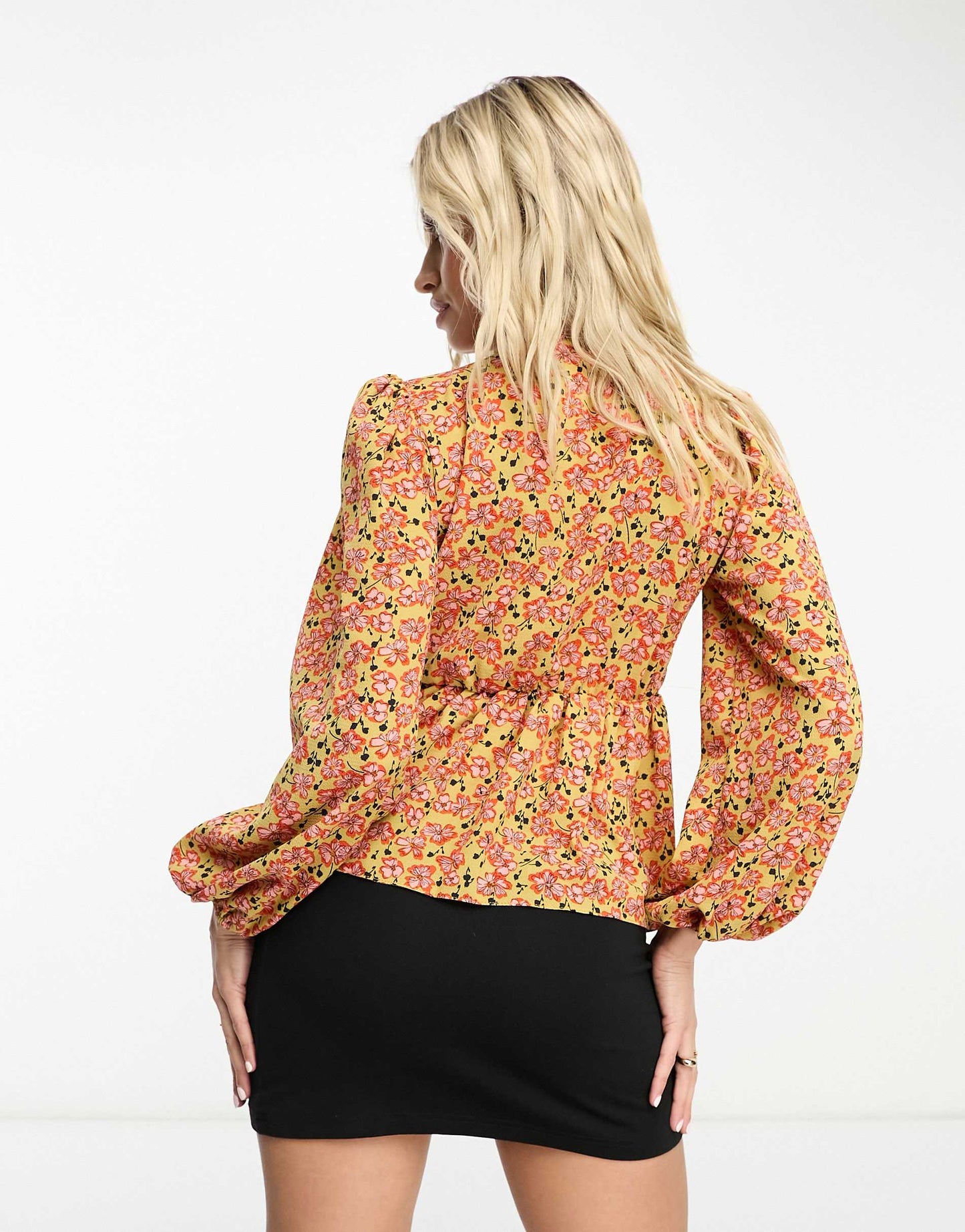 ASOS DESIGN Maternity v neck volume sleeve top with peplum hem in mustard print