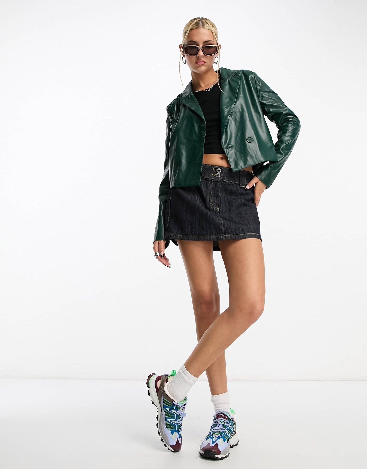 Heartbreak PU cropped blazer co-ord in teal