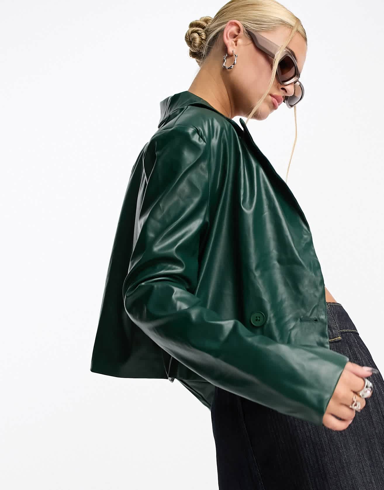 Heartbreak PU cropped blazer co-ord in teal
