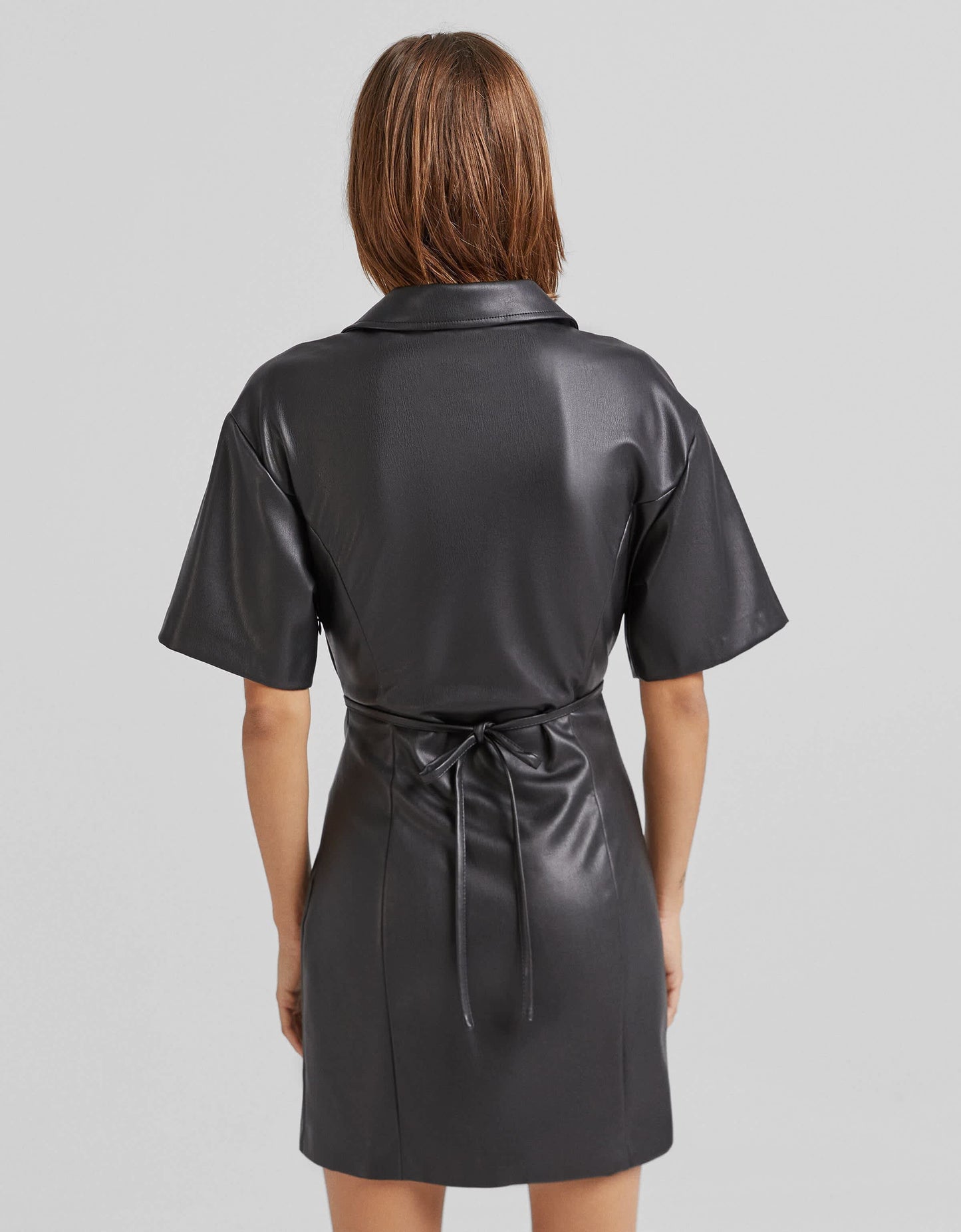 Bershka tie detail PU mini shirt dress in black